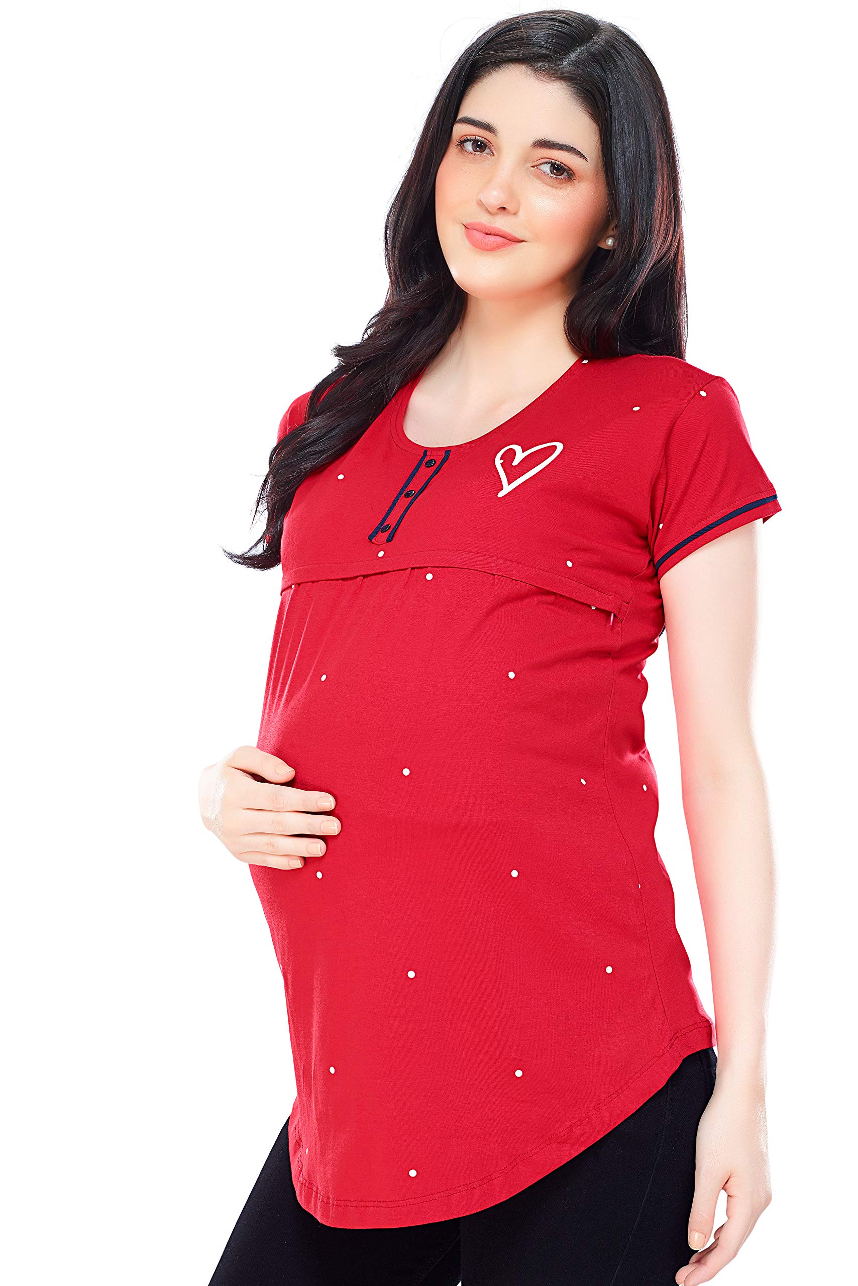 ZEYO Women's Regular Fit Cotton Maternity Top Dot Print Red Feeding Tshirt 5342 Large 2