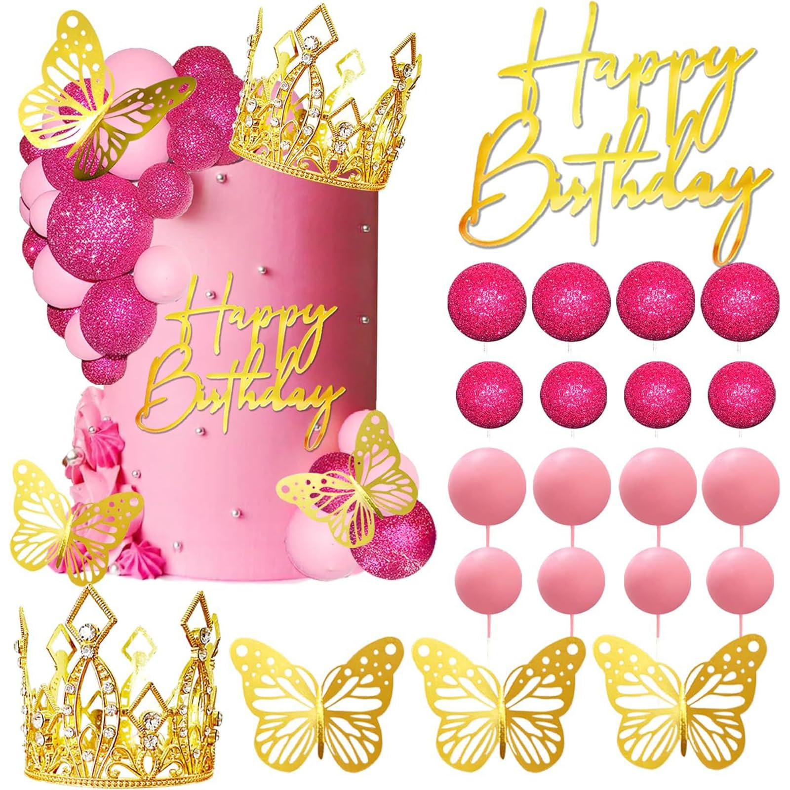 Pearl Ball & Tiara Crown Cake Topper Set, Pink Decorative Cake Picks for Birthday, Wedding, Baby Shower and Celebration Party Decorations