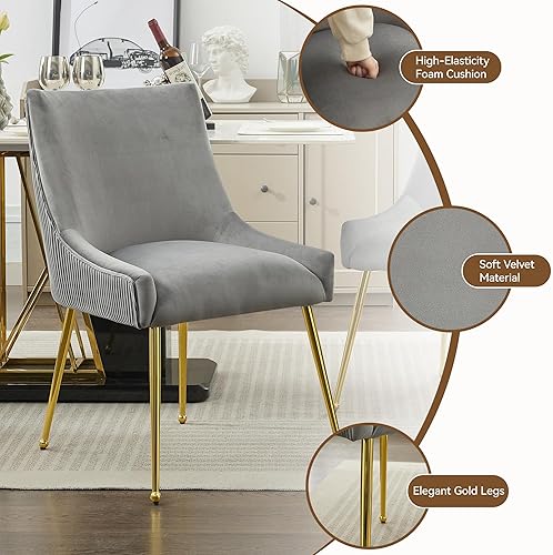 Miniatura 5 de Juego de 2 sillas de comedor de terciopelo, patas doradas, sillas decorativas tapizadas de terciopelo, diseño de respaldo plisado y asa dorada,