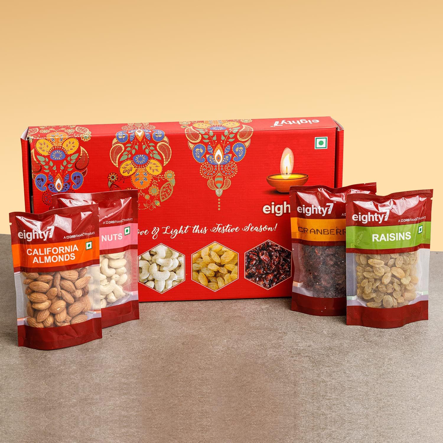 Eighty7 Gold Dry Fruits Gift Box - 600g | California Almonds, Cashews, Raisins and Dried Cranberries | 150g each | Healthy Gourmet Snacks I Gift for Family| Friend | Corporate (B07M7H4TLP) Amazon Price History, Amazon Price Tracker