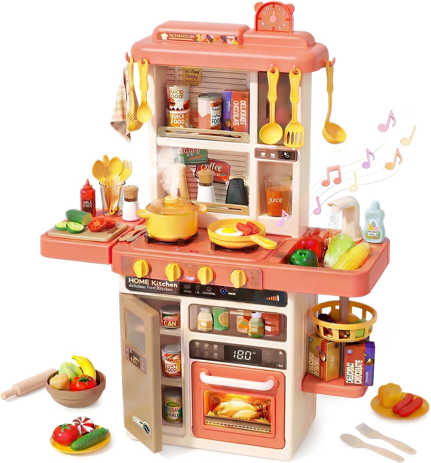 Kids Kitchen Play Set，Interactive Kids Kitchen Play Set with 50Pcs of Pretend Kitchen Toys，Realistic Sound Effects，and Simulated Functionality - Suitable for Toddlers Aged 3-5 Years(Pink)