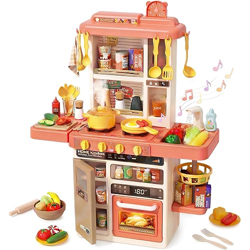 Kids Kitchen Play Set，Interactive Kids Kitchen Play Set with 50Pcs of Pretend Kitchen Toys，Realistic Sound Effects，and Simulated Functionality - Suitable for Toddlers Aged 3-5 Years(Pink)
