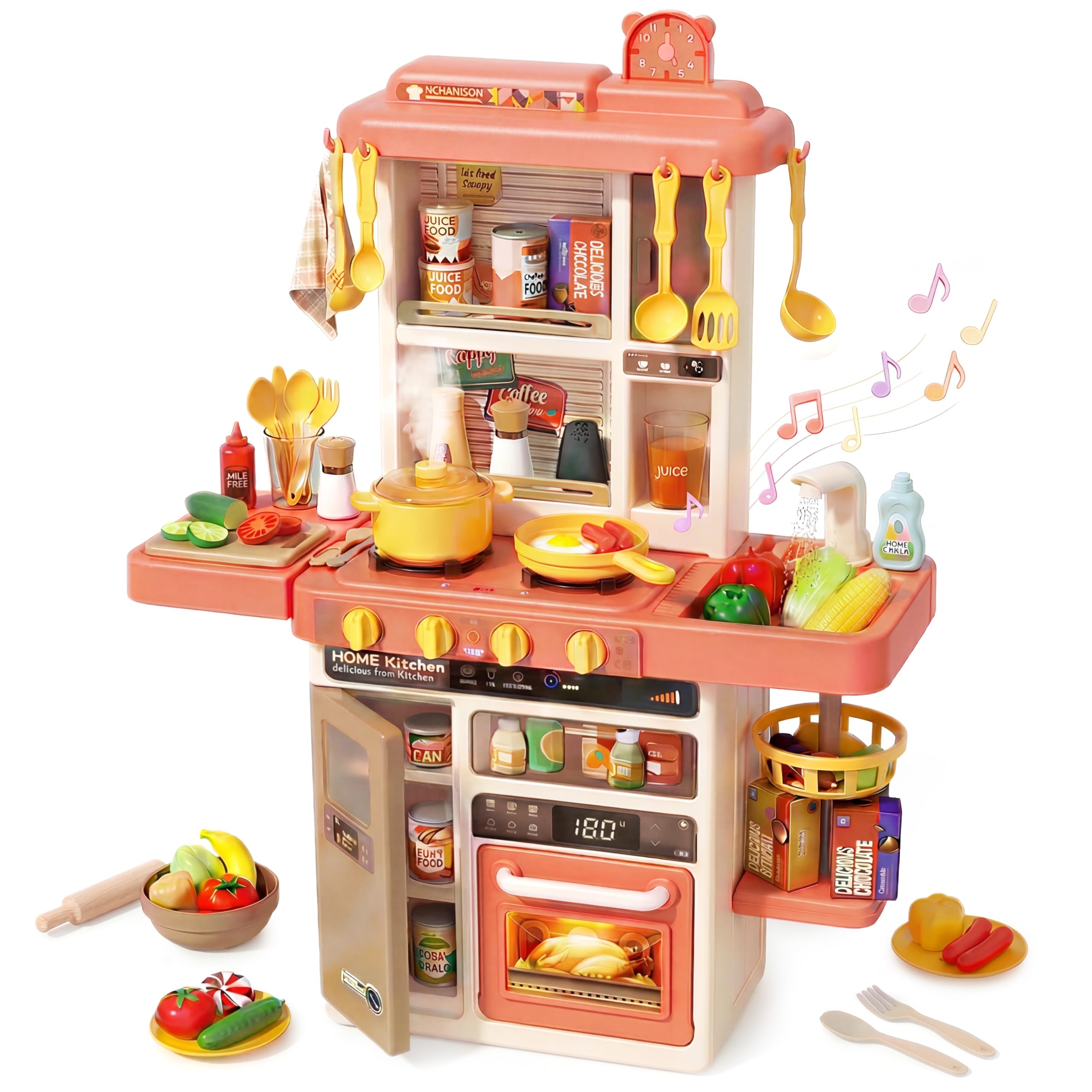 Kids Kitchen Play Set，Interactive Kids Kitchen Play Set with 50Pcs of Pretend Kitchen Toys，Realistic Sound Effects，and Simulated Functionality - Suitable for Toddlers Aged 3-5 Years(Pink)