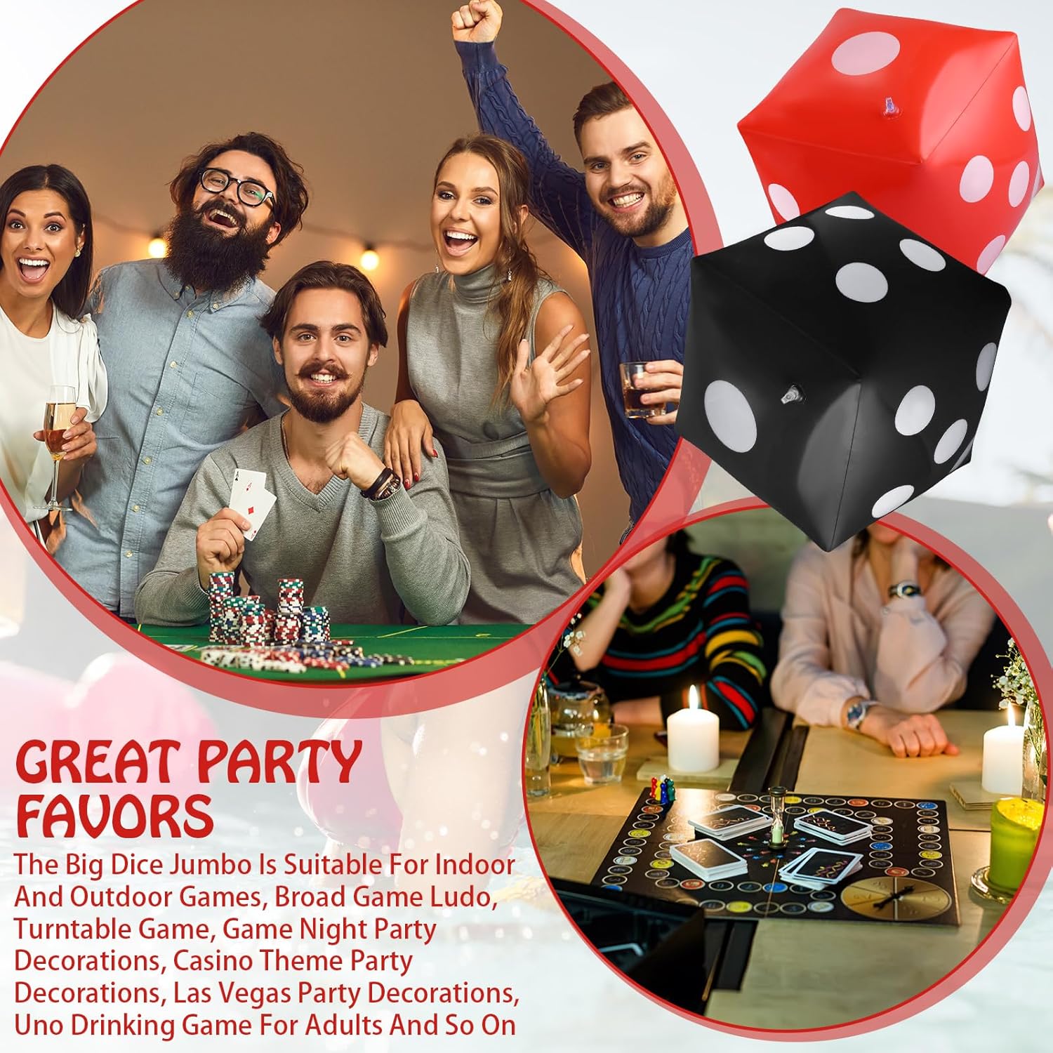 Blulu 3 Pack Large Inflatable Dice Jumbo Giant Inflatable Dice for Indoor Outdoor Broad Game Ludo Pool Party Favor(12 Inch,White, Black, Red)
