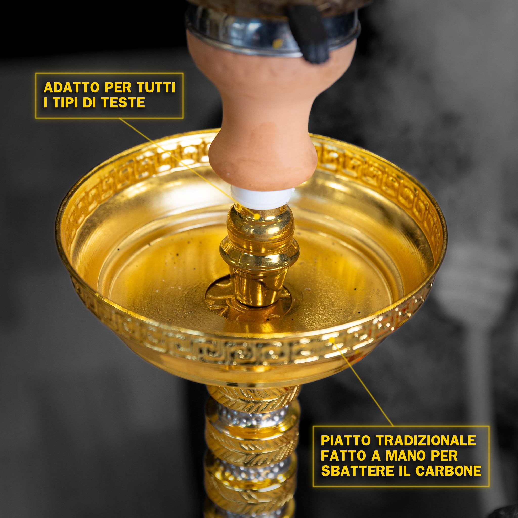 Shisha Tradicional 60 cm con Cabeza de Terracota, Gestor de Calor, Pinza y Porta Carbón Dorado | Cachimba Artesanal con Tubo de Cuero y Cámara Cerrada