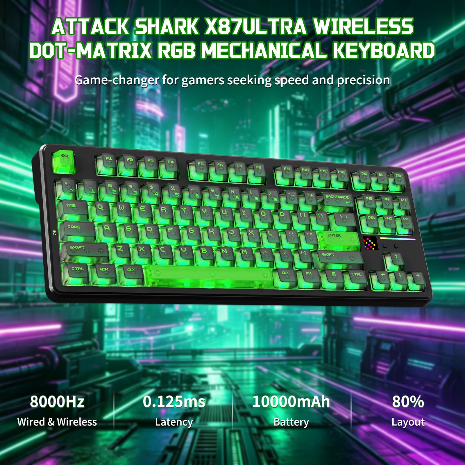 ATTACK SHARK X87 ULTRA Teclado Mecánico Inalámbrico Para Juegos Con Pantalla De Matriz De Puntos, BT/2,4 GHz/con cable, 75% Hot-swap, 10000mAh, RGB, Receptor Inalámbrico Shark Fin, PC/Mac, Shadow Jade