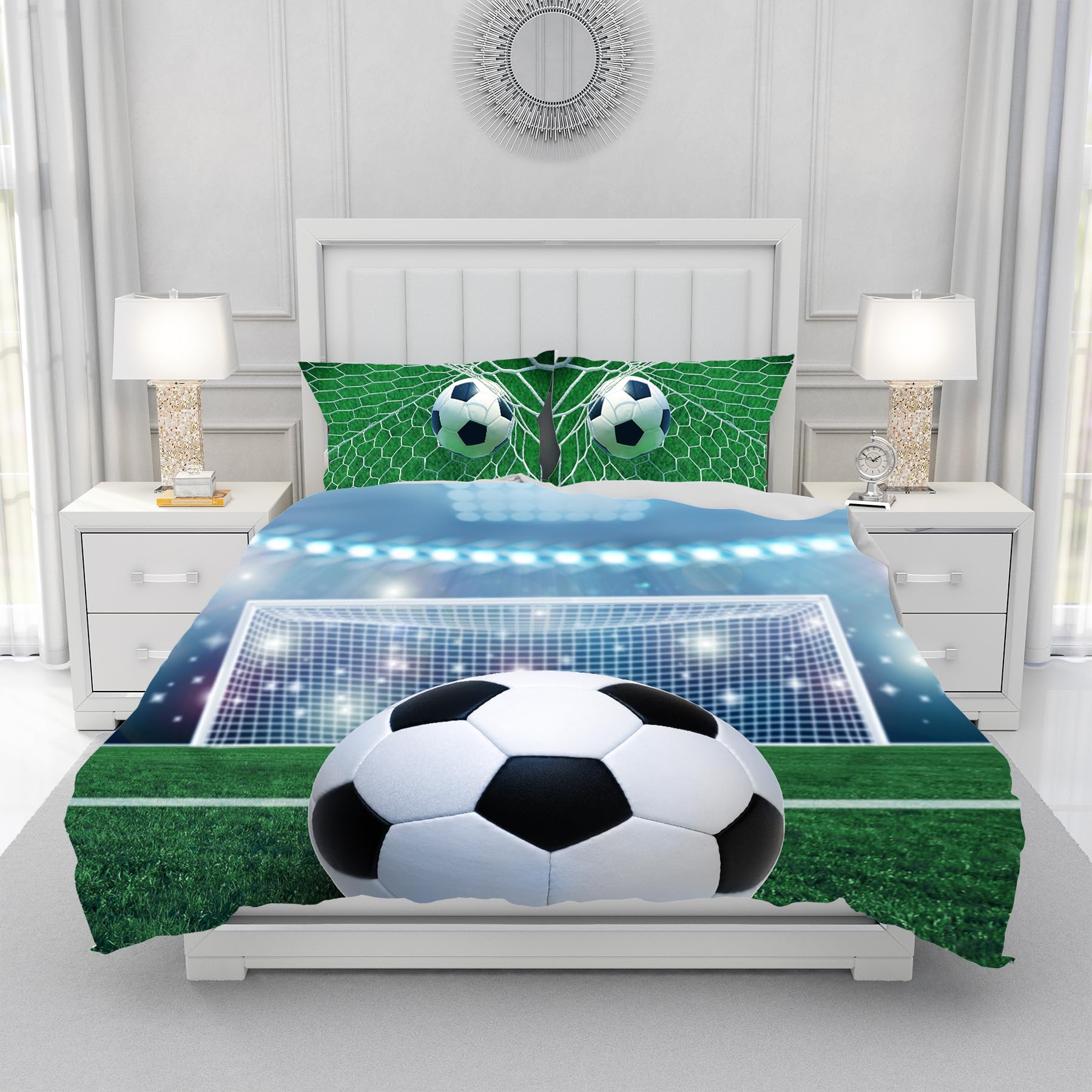 Copripiumino da Calcio 135×200 cm,Biancheria da Letto con Stampa Calcio per Bambini,Copripiumino con Stampa Calcio 3D + 2 Federe 50 x 75 cm(Football 3)