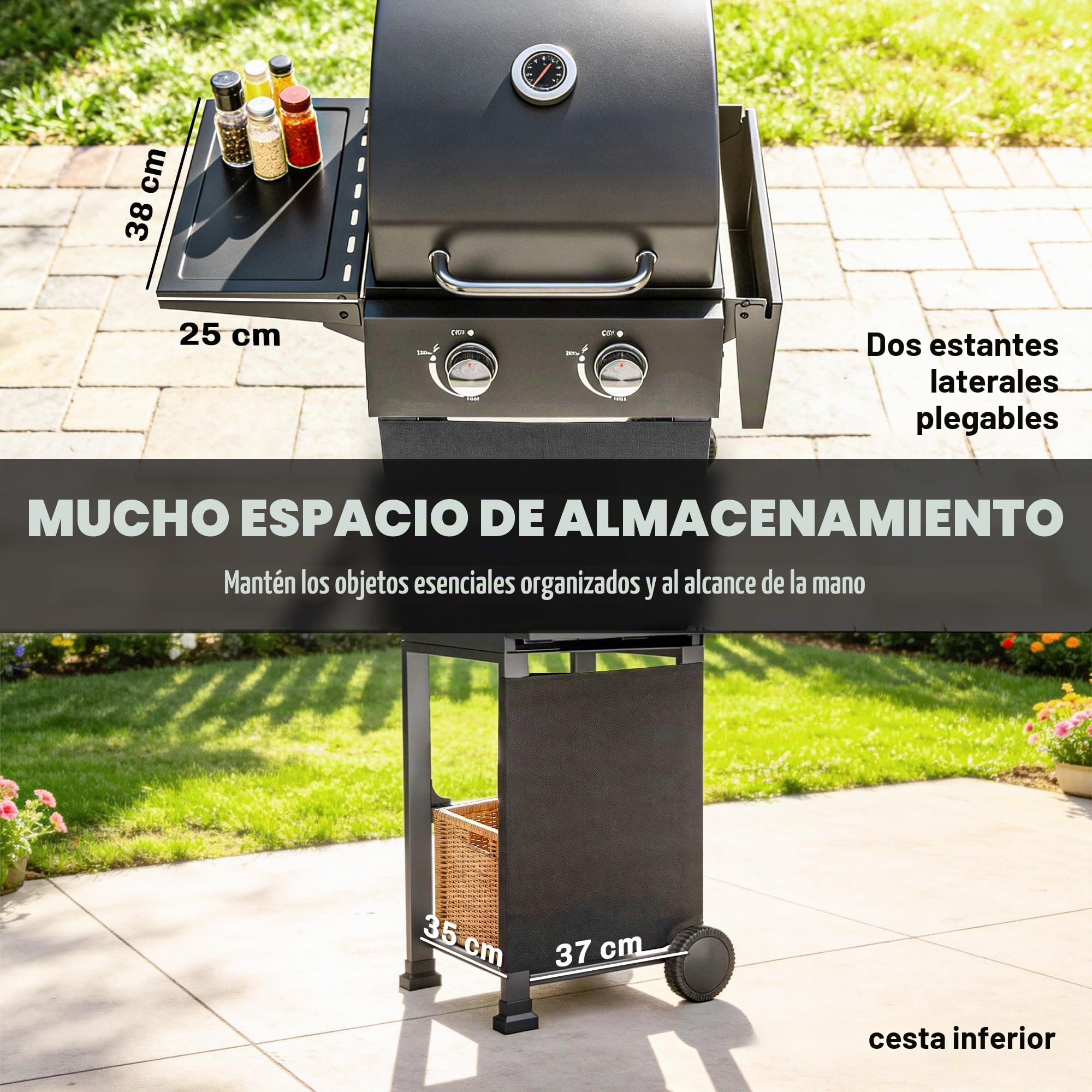 Barbacoa de gas Outsunny con 2 quemadores de 5,4 kW, barbacoa portátil de gas propano con parrilla, bandejas plegables, tapa, bandeja recogegrasa, termómetro y ruedas, para jardín exterior, color