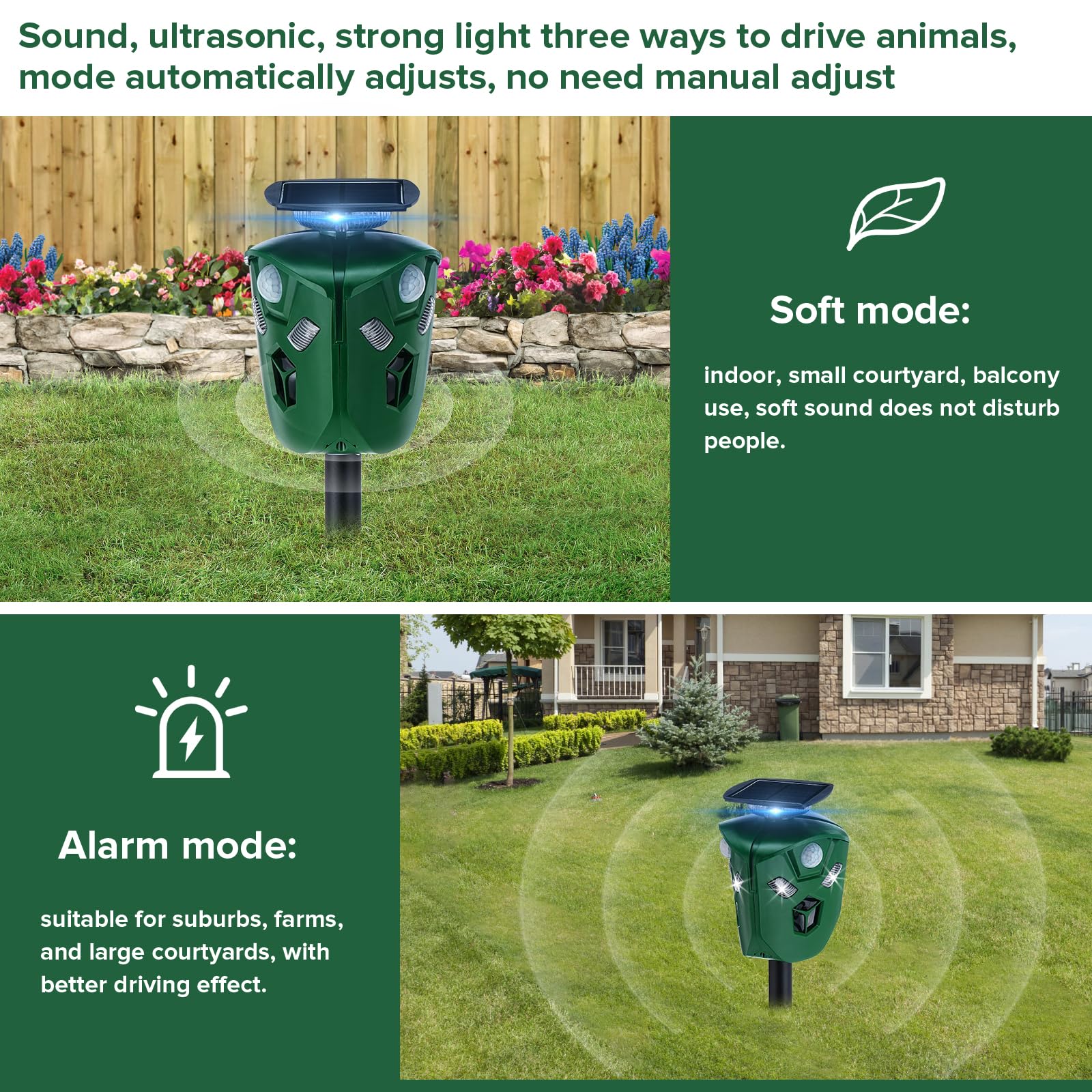 Repelente para Gatos, 360° Ultrasónico Repelente Gatos IP44 Impermeable Ahuyentador Exterior para Animales Carga Solar y USB para Gatos Perros Ciervos Mapaches Conejos Ratones