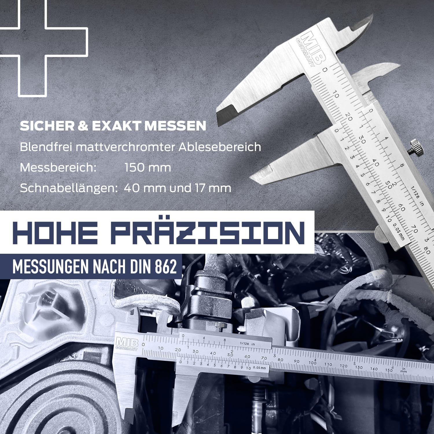 MIB Messschieber mit Feststellschraube DIN 862 150mm | Schieblehre rostfreier Stahl | Analog Messschieber | Schublehre mattverchromt | Präzisions-Messgerät für 4-fach Messung | Messwerkzeug