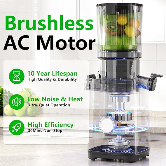 Cold Press Juicer, Juicers Machines - 5.3 Large Feed Chute for Whole Fruits & Vegetables, Powerful AC Brushless Motor, 99% Juice Yield, Ultra Quiet, Easy Clean, Extra one Replace juicer strainer