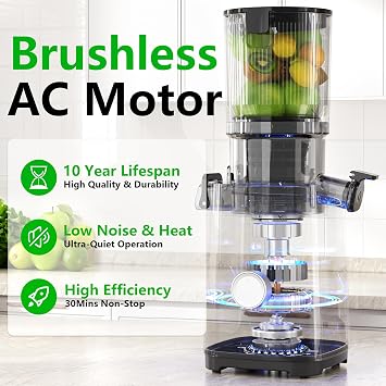 Cold Press Juicer, Juicers Machines - 5.3 Large Feed Chute for Whole Fruits & Vegetables, Powerful AC Brushless Motor, 99% Juice Yield, Ultra Quiet, Easy Clean, Extra one Replace juicer strainer