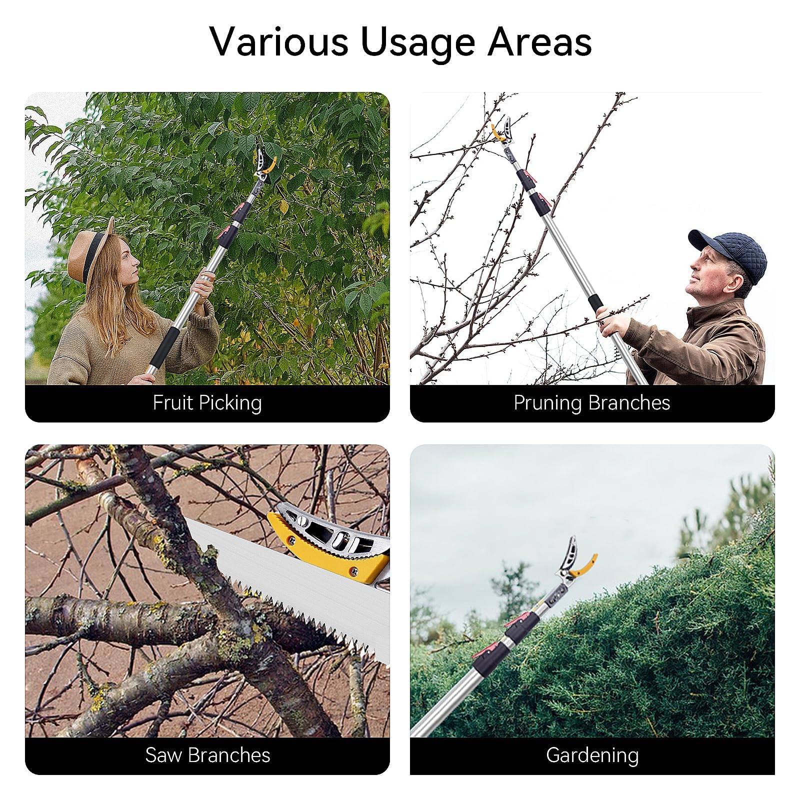 FLORA GUARD tijeras de podar telescópicas 1,4-3,05 m para ramas frescas y ramitas, sierra de ramas con dientes 3D SK5 para trabajar a largas distancias, recolector de frutas para jardín y exterior.
