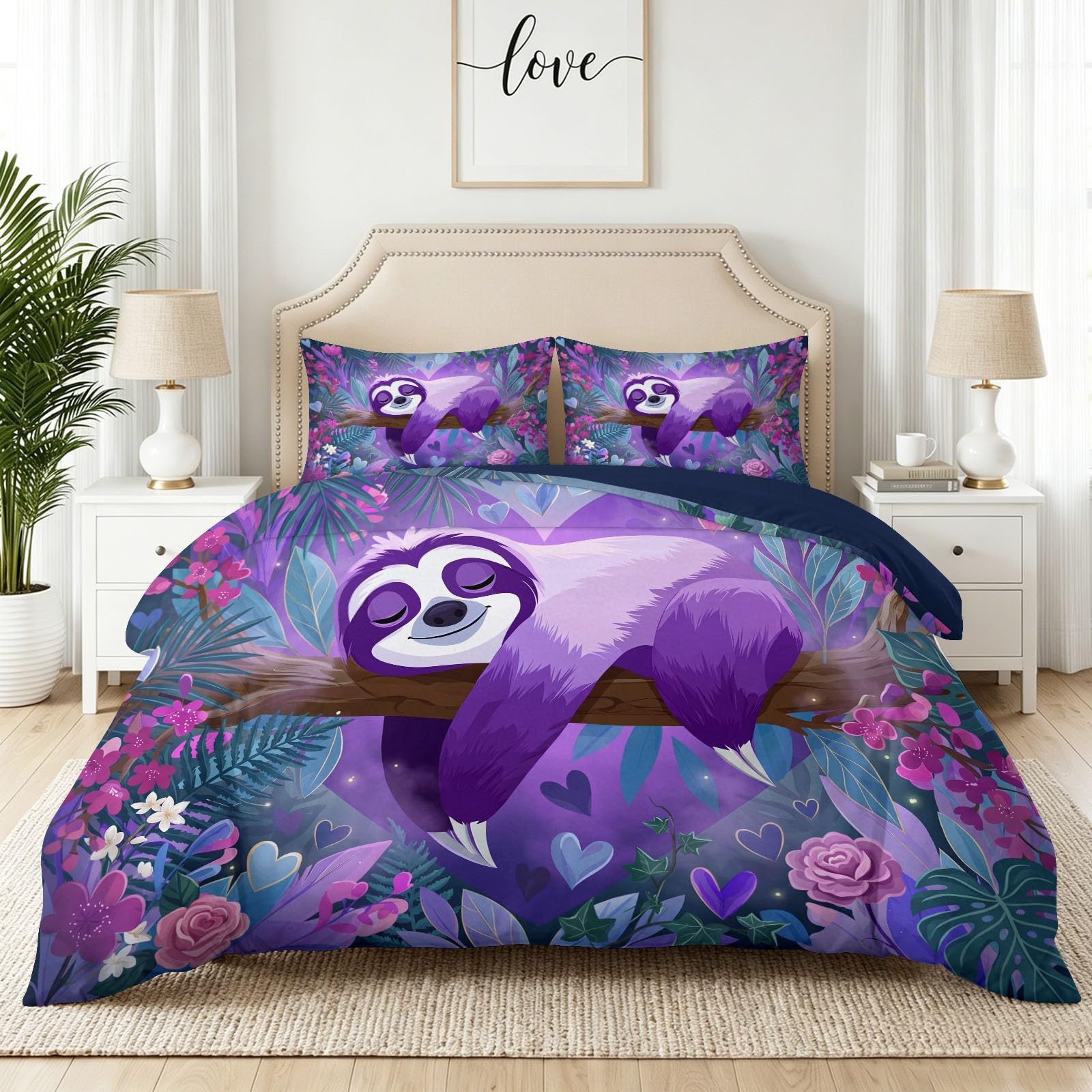 Housse de couette 140x200 microfibre paresseux au motif dessin animé floral avec zips discrets