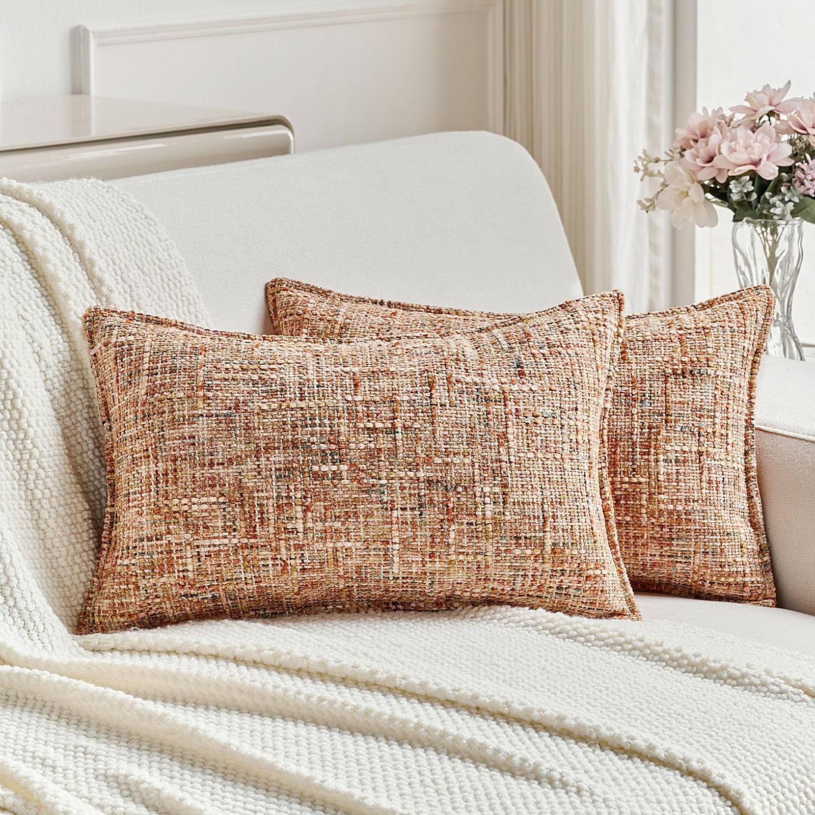 FUTEI Set of 2 Soft Tweed Chenille 30x50 cm Cushion Covers Farmhouse Micro-Check Textured Scatter Pillowcase 30 x 50 cm Vintage Accent for Sofa Bed Living Room, Rust — image 1