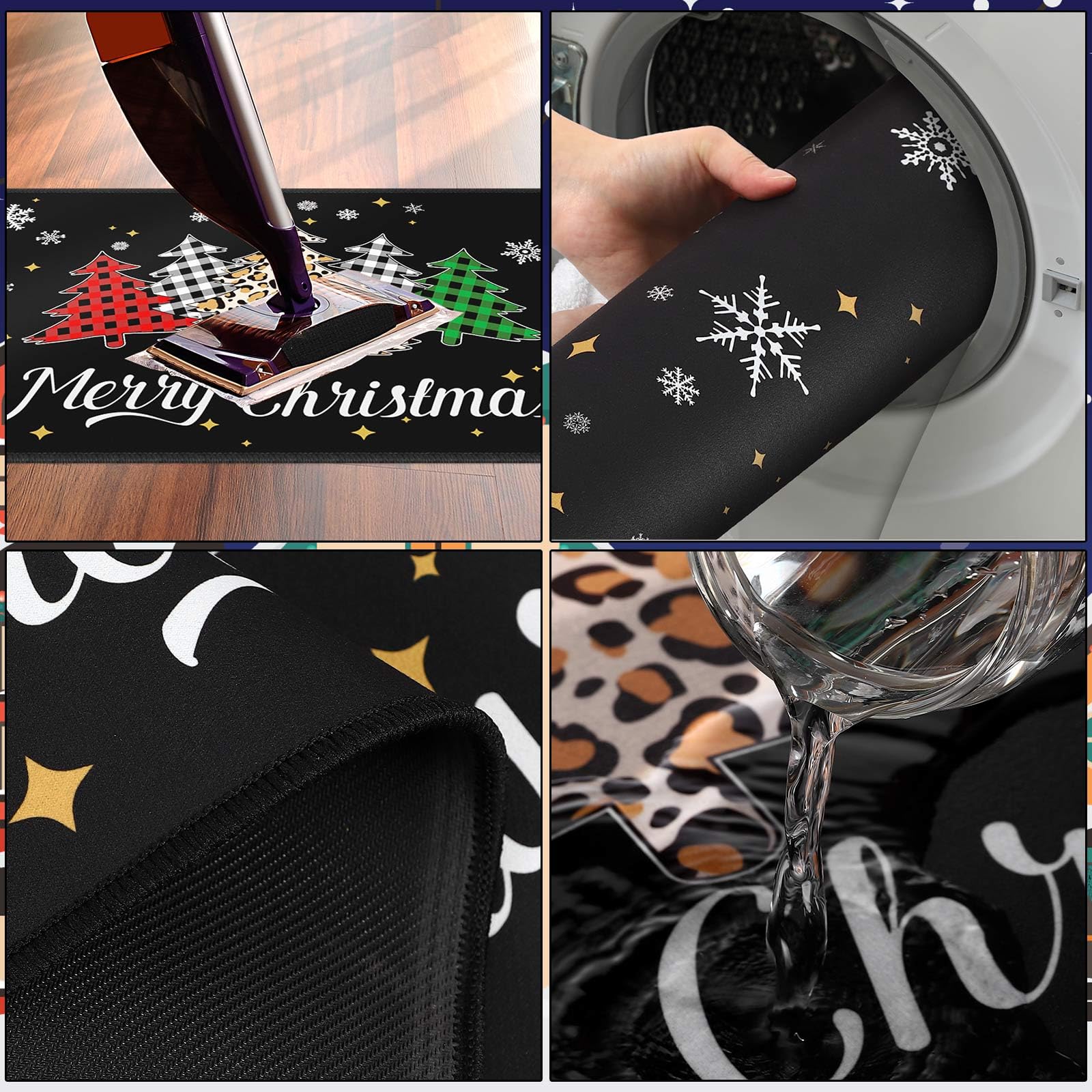 Tinideya Juego de 3 alfombras de cocina de Navidad a cuadros con gnomos de árbol de Navidad, color negro, antideslizantes, gruesas, resistentes a las manchas, decoración rústica de Navidad, alfombra