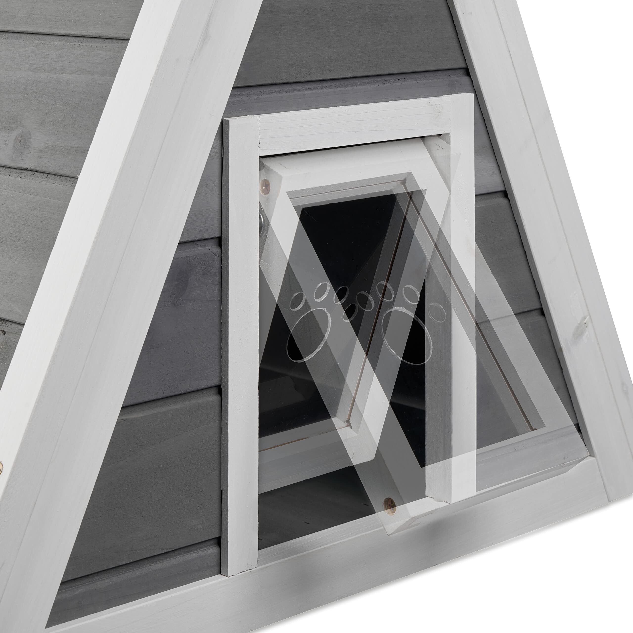 Relaxdays Casa Gatos, Casita Mascotas Madera, para Exterior, 54 x 52 x 64 cm, 2 Entradas, Techo Puntiagudo, Gris/Blanco