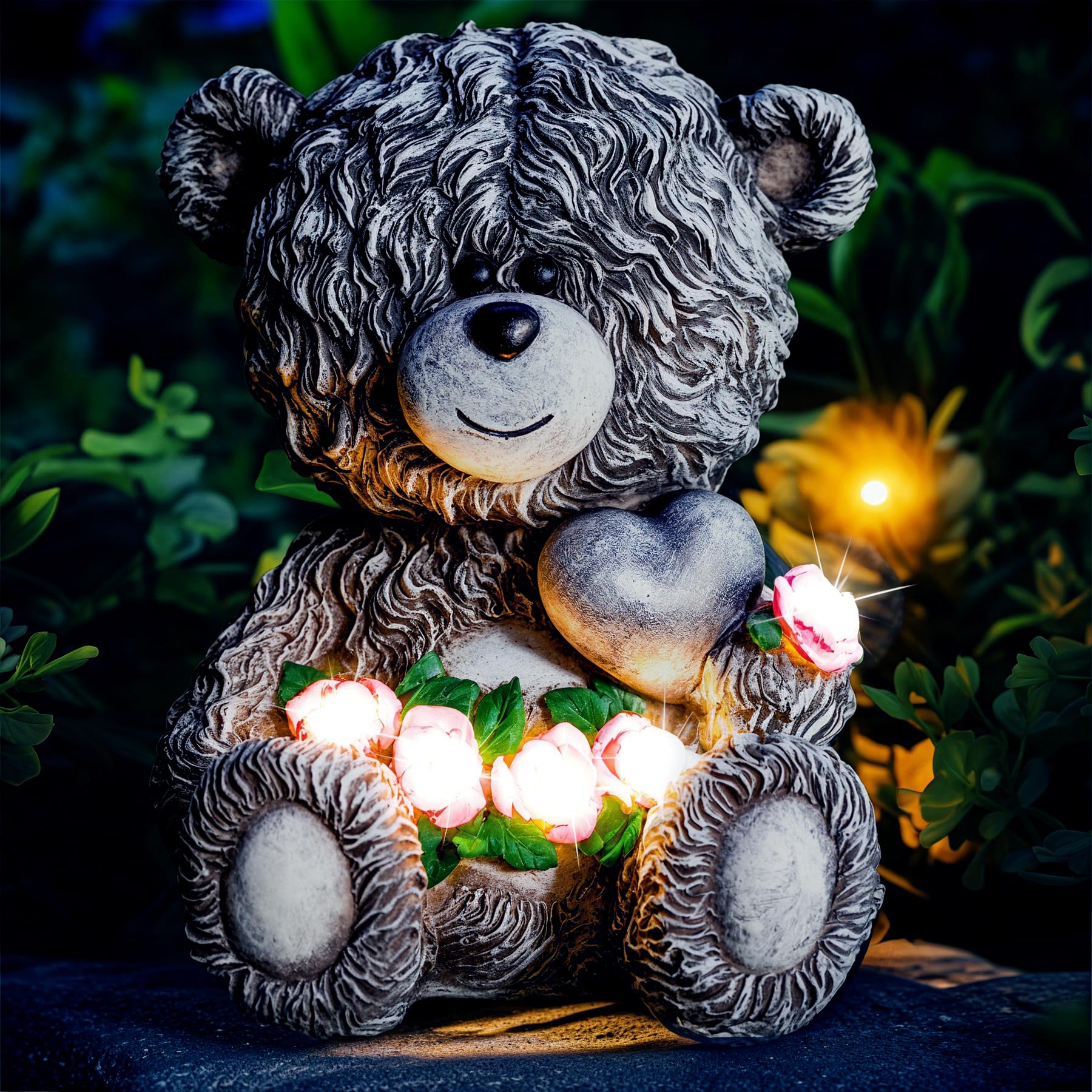 Solar Garden Outdoor Statues Bear with Heart and Pink Flower and 5 LED Lights-Lawn Decor Bear Statue for Patio, Balcony, Yard Ornament-Unique Valentine's Day and Housewarming Gifts for Mom, Women — image 1