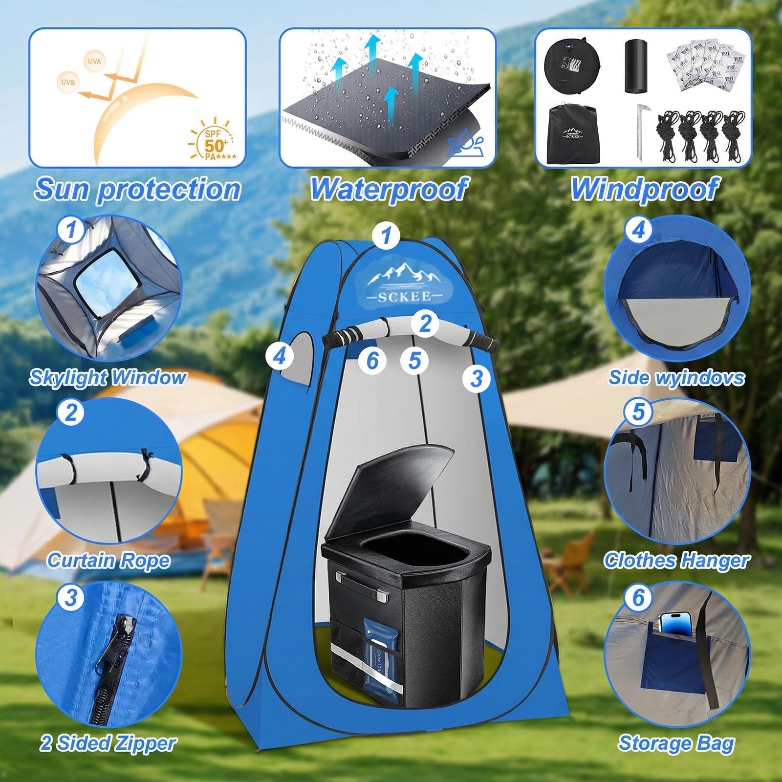Juego de inodoro portátil para adultos, inodoro portátil XL para camping, inodoro de camping con tienda de campaña emergente, duchas al aire libre, vestuarios, orinal de viaje para camping,