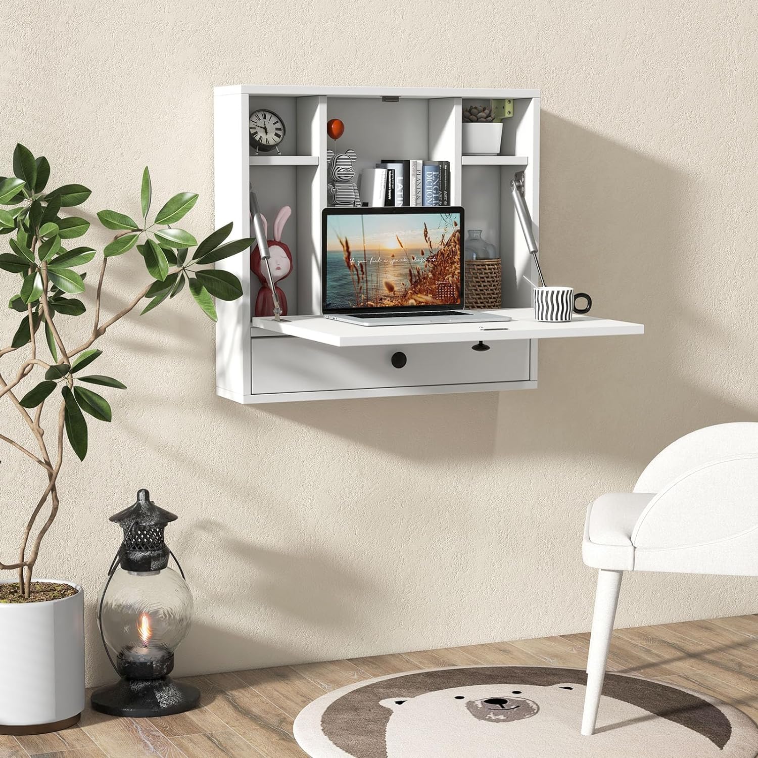 GYMAX Escritorio de Pared, Escritorio Flotante 2 en 1 con Estante Plegable, 6 Compartimentos de Almacenamiento y Cajón, Ahorro de Espacio para Casa, Oficina, Dormitorio (Blanco)