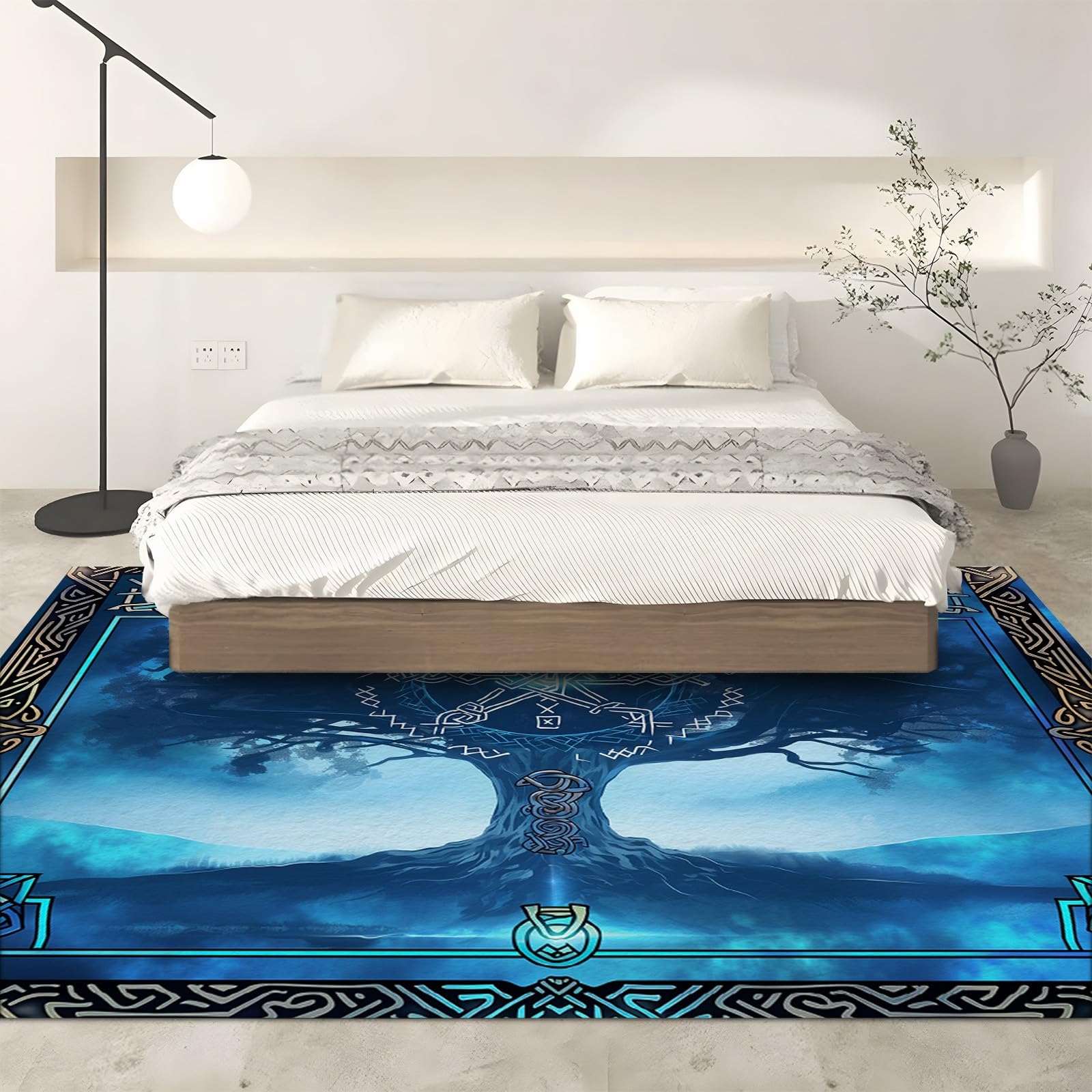 Waschbarer Tarotkarte mit Wikingerrunen Kurzflor Teppich - Weicher, Rutschfester Teppich für Wohnzimmer, Schlafzimmer - Flauschiger, Blauer Lebensbaum Teppiche Gegend, 80cm x 150cm