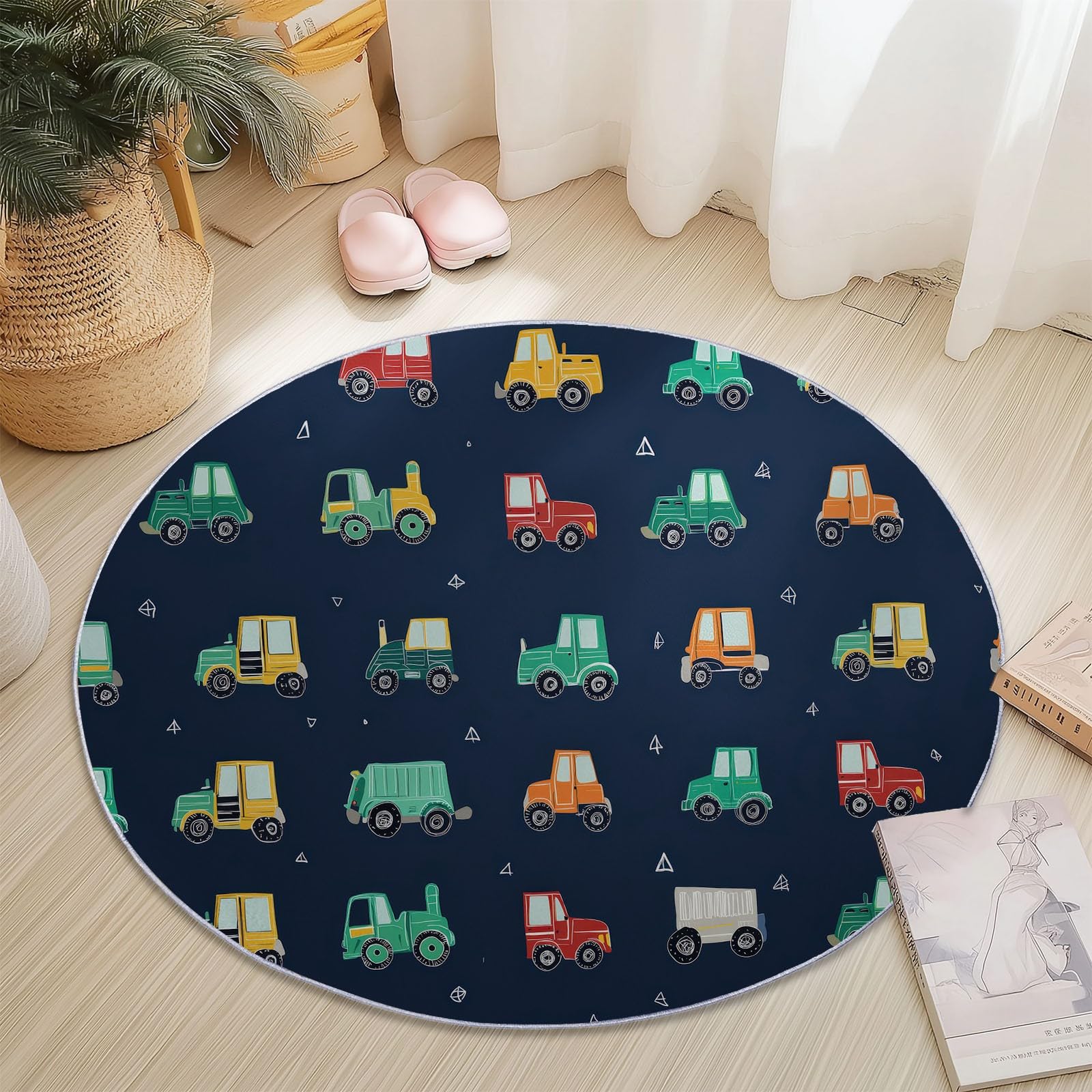 Tappeto rotondo lavabile in lavatrice Modello Di Veicolo Da Costruzione, Stile Carino Tappetino antiscivolo assorbente per camera da letto, soggiorno, cameretta bambini, interno 150 cm, Blu Scuro