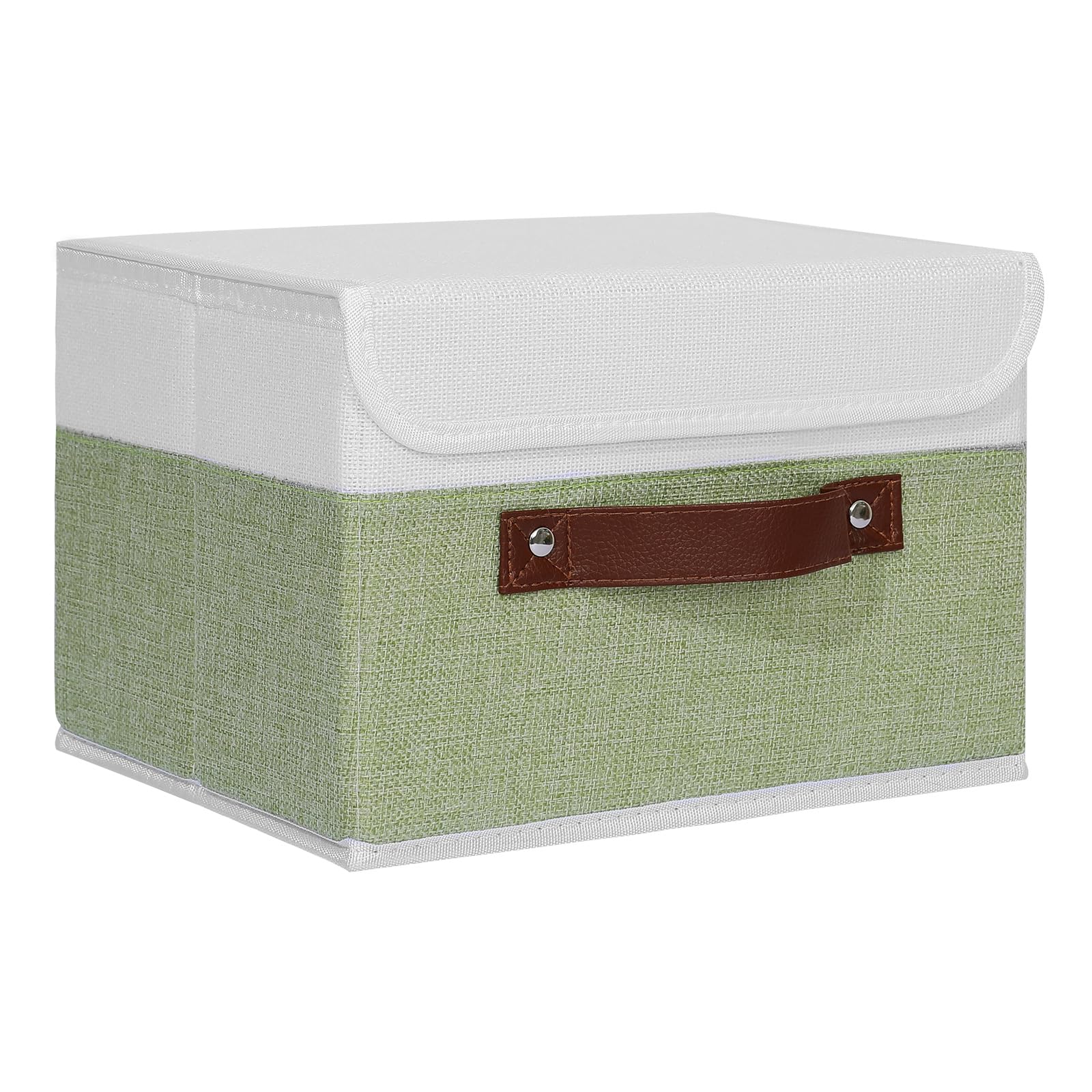 ANMINY Storage Boxes with Lids Washable Decorative Storage Bins Basket with PU Leather Handle Foldable Linen Fabric Storage Cubes Containers for Home Closet Organizer - Green White, Small Size