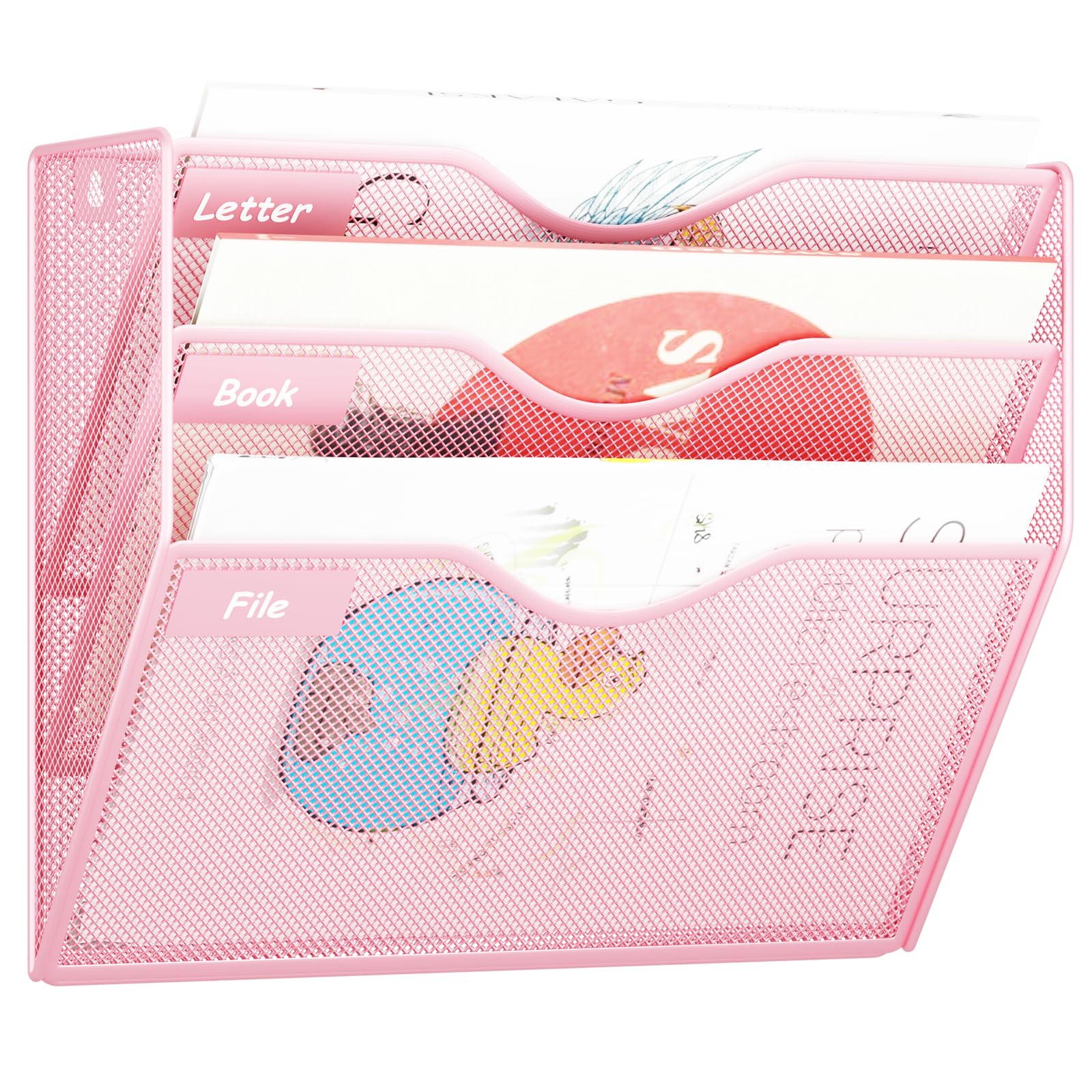 3 Pockets Hanging Wall File Organizer Mail Holder, Wall Mounted Paper Document Folder Holder, Clipboard Storage Organization Magazine Rack, Pink