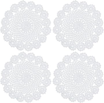 kilofly Crochet Cotton Lace Table Placemats Doilies Pack, 4pc, White, Garland, 7 inch