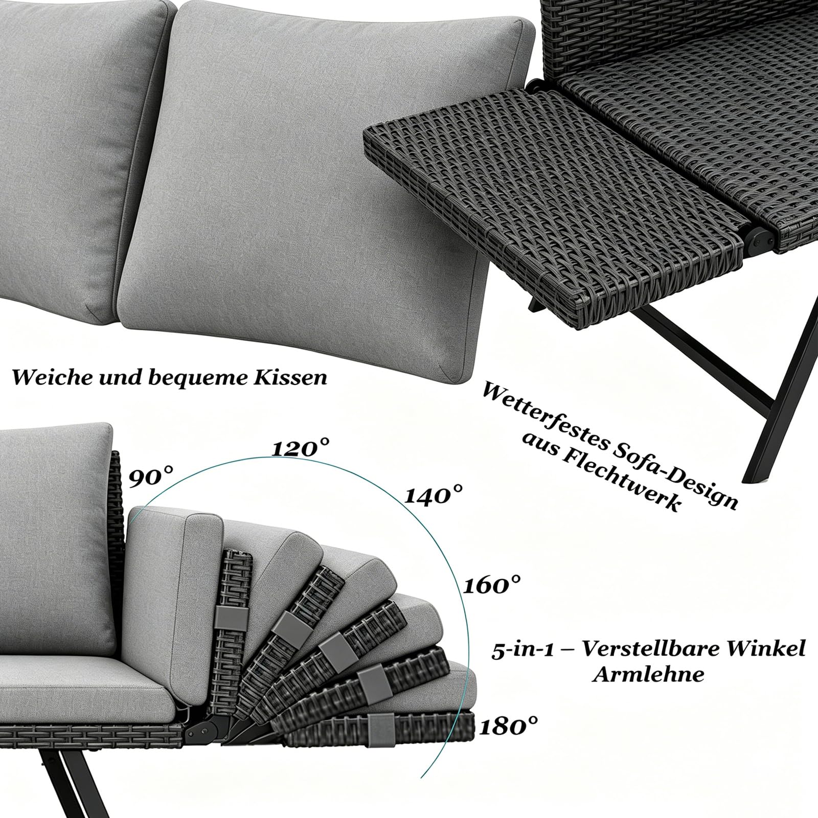 Gartensofa 2 Sitzer mit Liegefunktion, Verstellbare Couch klappbarer Armlehnen, Outdoor schlafsofa mit Kissen, Polyrattan Gartenbank Lounge Sofa für balkonmöbel,Terrasse, Gartenmöbel (Dunkel)