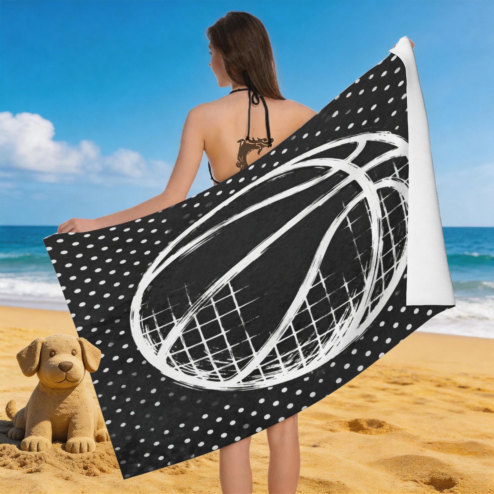 Leichong Men's Black 3D Basketball Beach Towel Large Microfiber Soft Quick Dry For Adults, Sports Theme Bath Towel Lightweight Soft Absorbent For Travel Swimming Pool Sports, 80 X 160 Cm