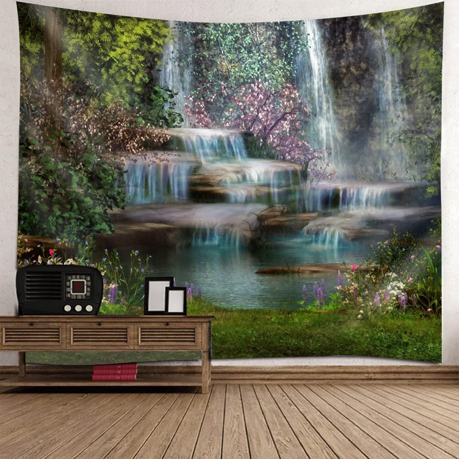 Aotiwe Dekoracja ścienna do pokoju, dywan ścienny w stylu boho, długie drzewa i wodospad, zielono-brązowy, 240 x 220 cm, dekoracja ścienna