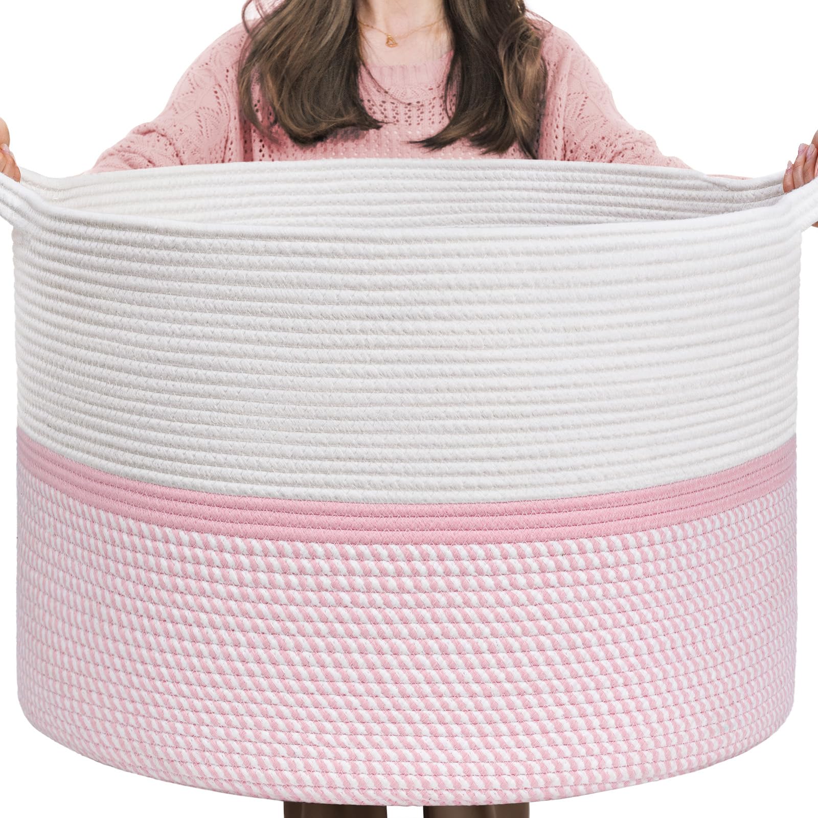 CHICVITA Extra Large Cotton Rope Woven Basket, XXL Throw Blanket Storage Basket with Handles, Pink Decorative Clothes Hamper - 22" x 22" x 14"