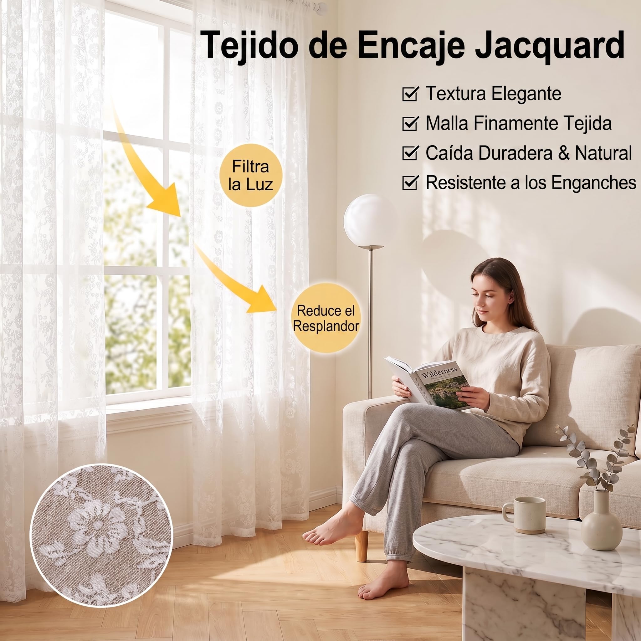 Visillos Blancos Jacquard con Flores pequeñas, Al260 x An140 cm, Set de 2 Paneles, Cortinas translúcidas con Ojales, Efecto Encaje, habitación niña salón Dormitorio