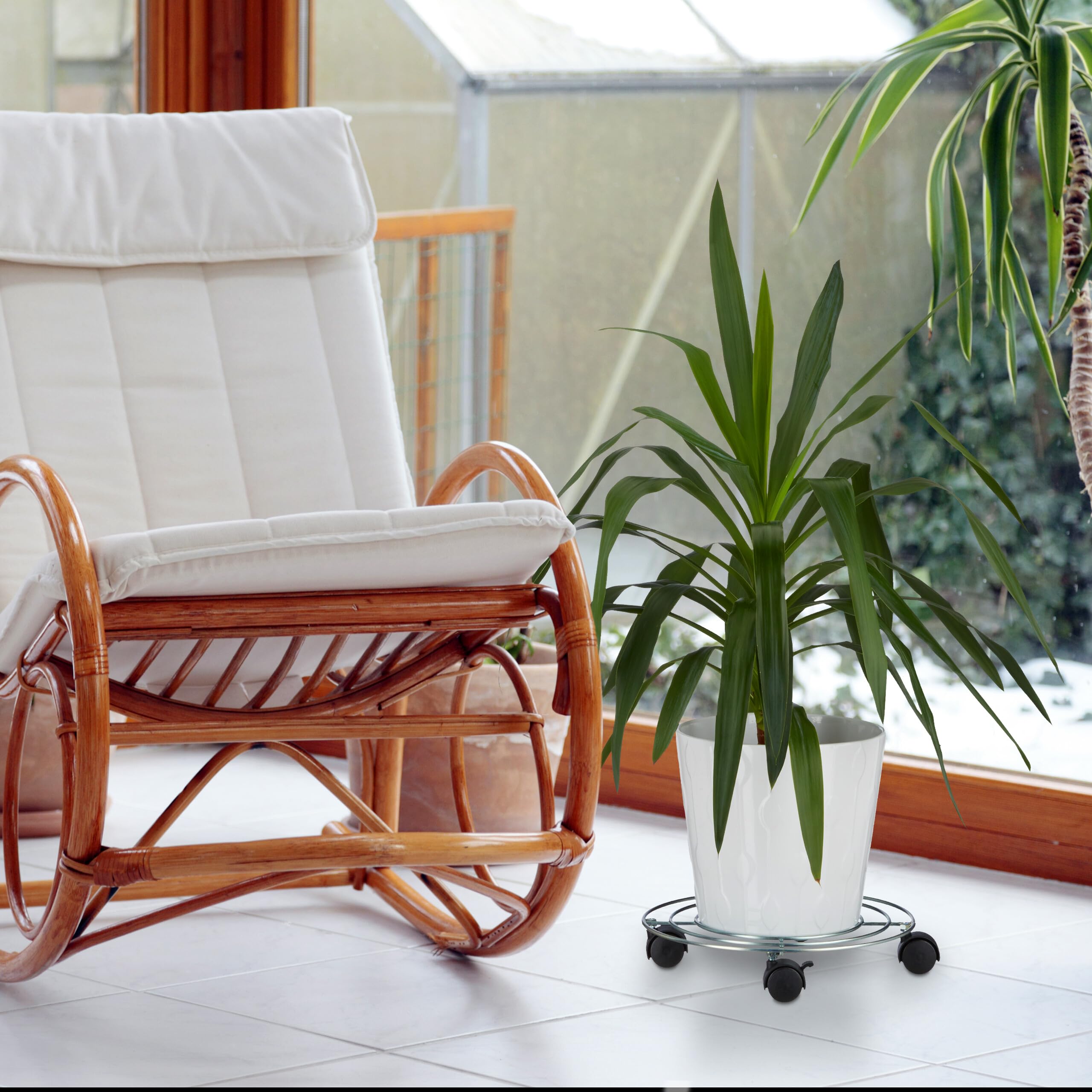 Relaxdays Carrello Portavasi da Interno, Set da 4, Pedana con Ruote, Ø 32 cm, Sottovaso Mobili in Acciaio, Argentato
