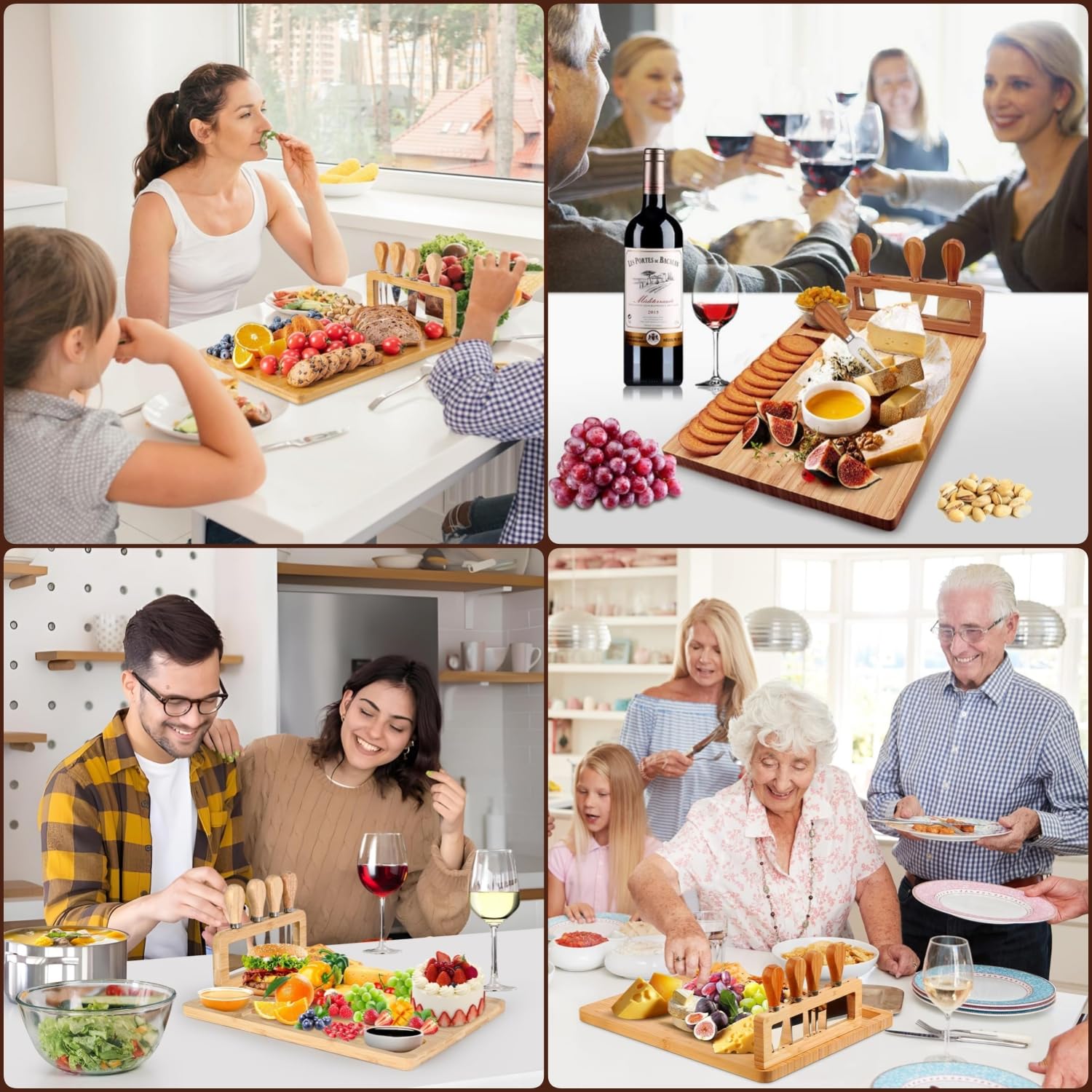 LATERN Zestaw bambusowych desek do sera, 35 cm x 27 cm, drewniana deska do wędlin i serów Cheese Charcuterie Board z 4 nożami do sera, idealny zestaw prezentowy na Boże Narodzenie, wesela, parapetówkę