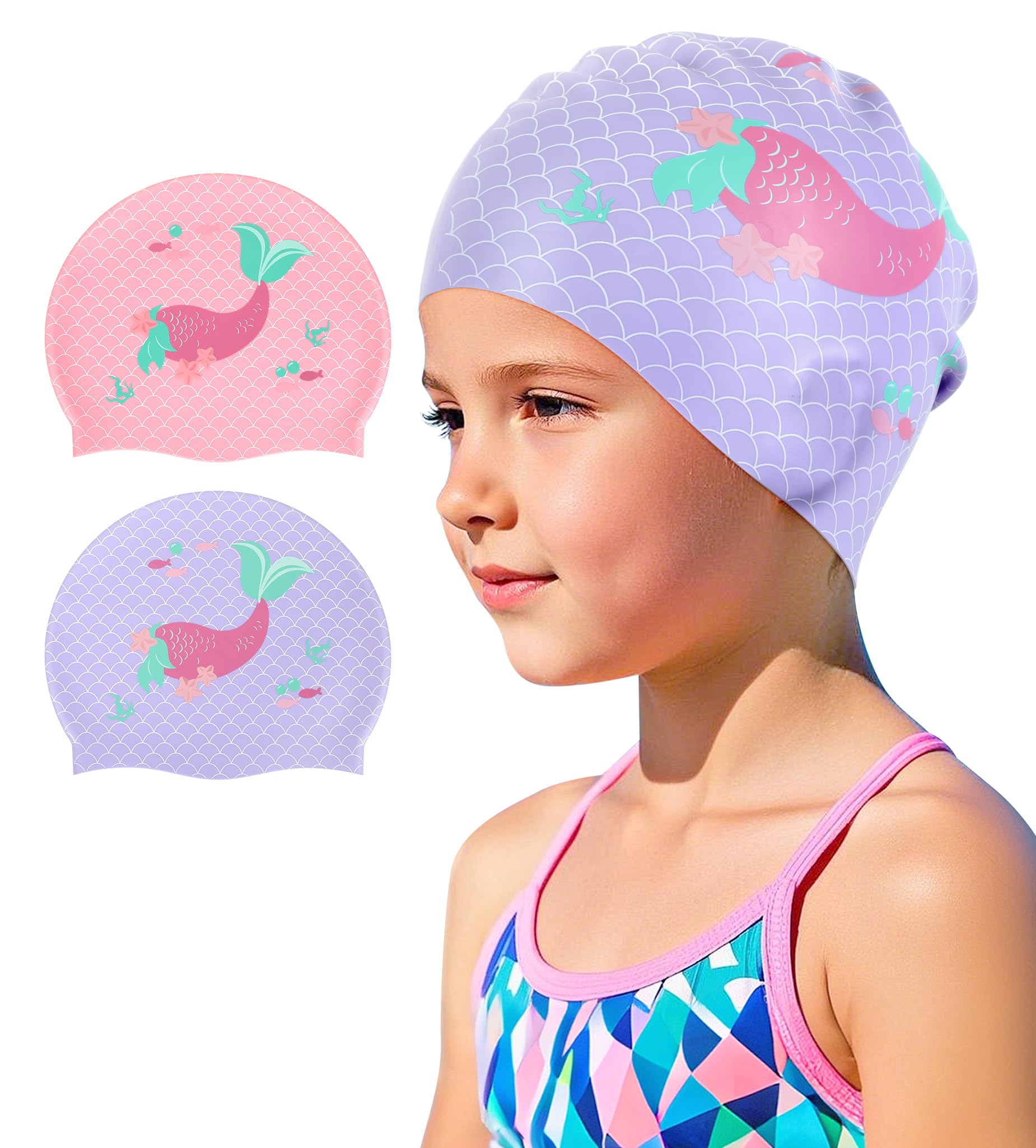 Cuffia da nuoto per bambini (confezione da 2), resistente e impermeabile, per ragazze e ragazzi dai 3 ai 15 anni, comoda cuffia da nuoto per bambini per capelli lunghi e capelli corti, cuffie