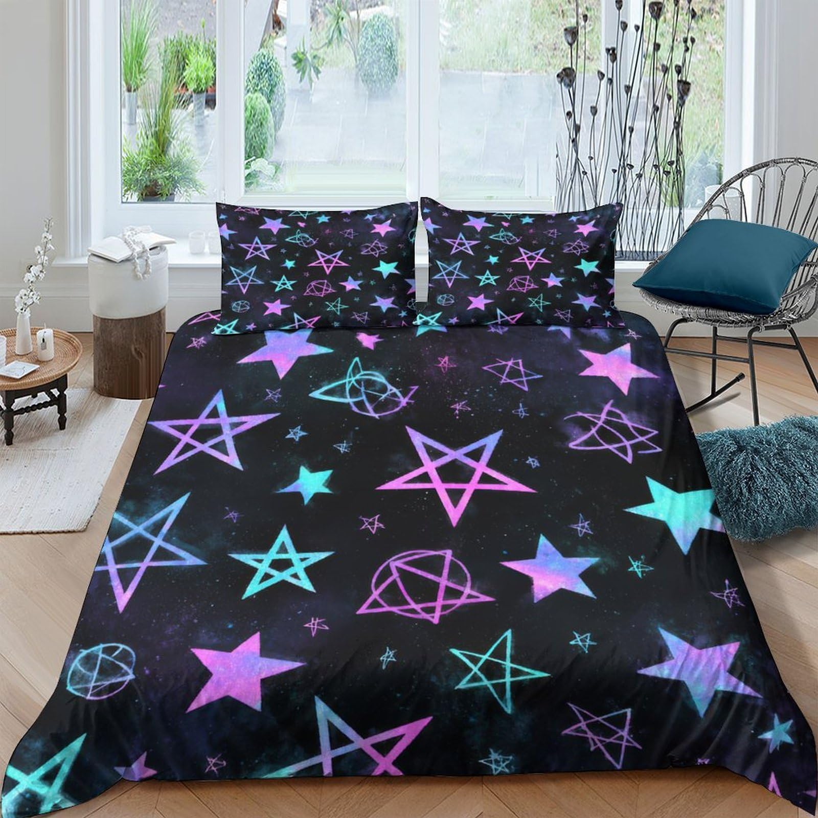 Ctjqhvkz Style-4 3D Printed Neon Star Fitted Sheet Microfiber Soft Black Pentagram Mattress Cover For Bedroom Dorm Room Decor Single（135X200cm）