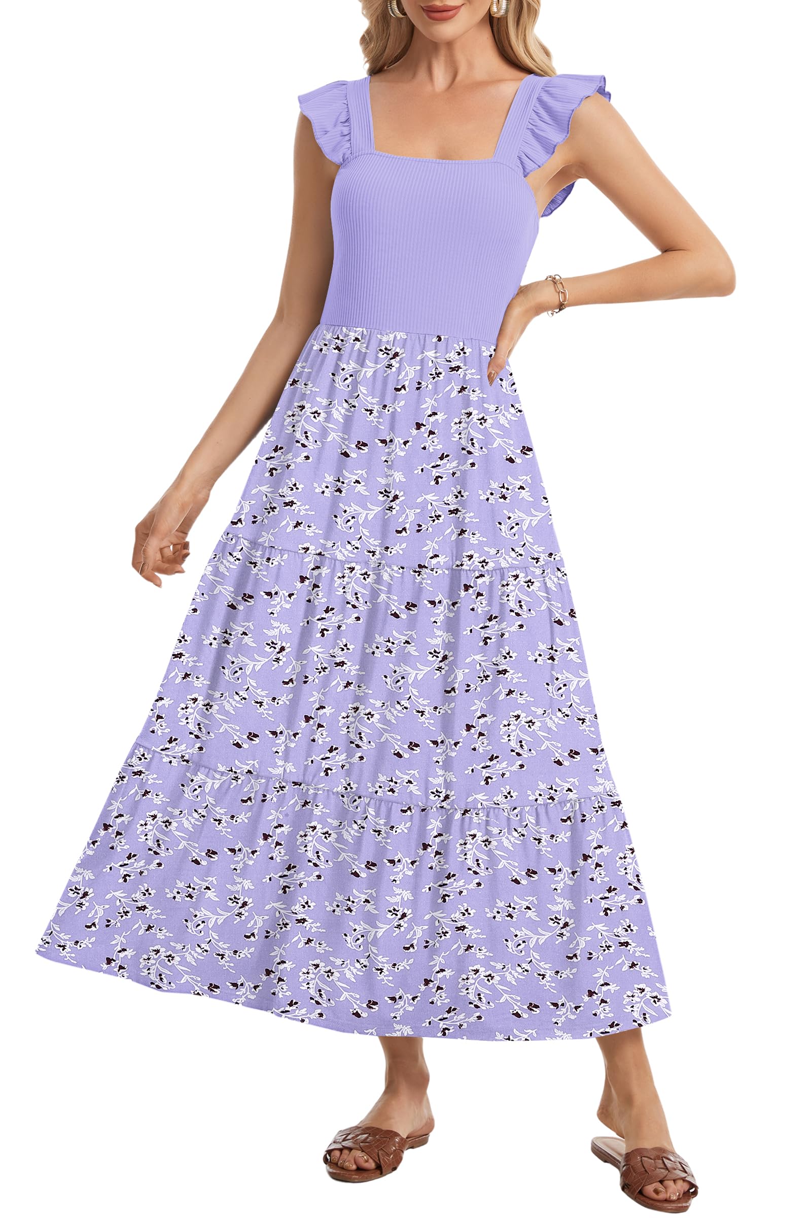 AUSELILY Vestido Maxi Verano Escote Cuadrado Volantes Sin Mangas Bolsillos