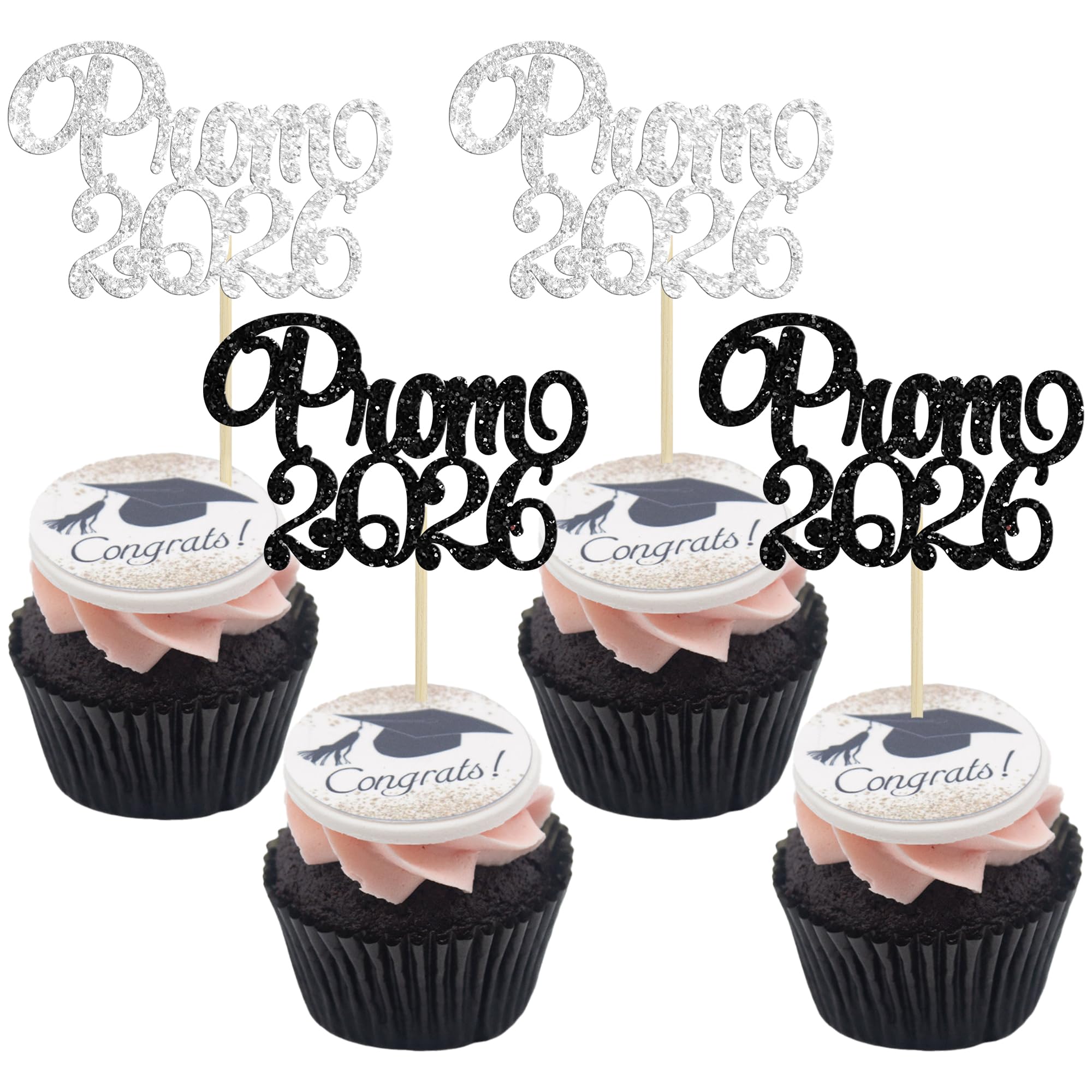 Gyufise 24Pcs Prom 2026 Cupcake Toppers 2026 Graduation Cupcake Picks Congrats Grad Class of 2026 Cake Decorations For Graduation Party Cake Decorations Black Silver โ image 1