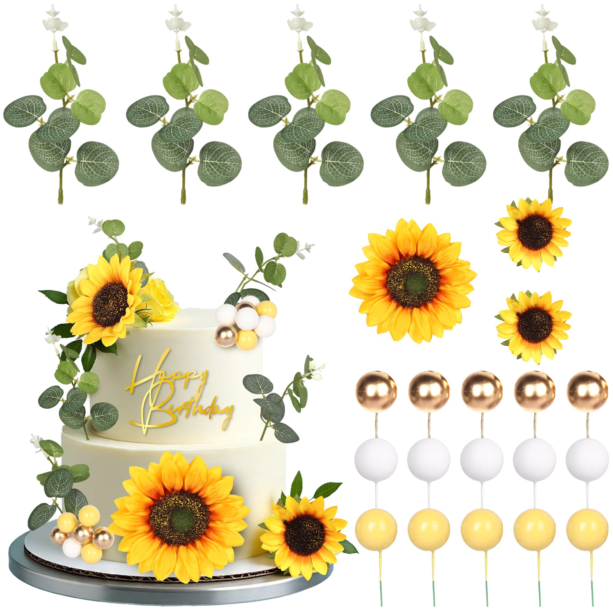 29 Pack Sunflower Cake Decorations Flower Cake Topper Acrylic Happy Birthday Cake Picks Balloon Cake Decorations for Bridal Engagement Baby Shower Birthday Theme Wedding Anniversary Party Supplies