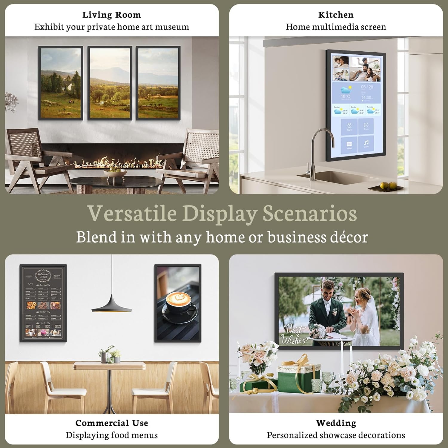 Image showing the digital picture frame with icons representing privacy and security, lifetime product support, and senior user-friendly features, emphasizing professional customer service.