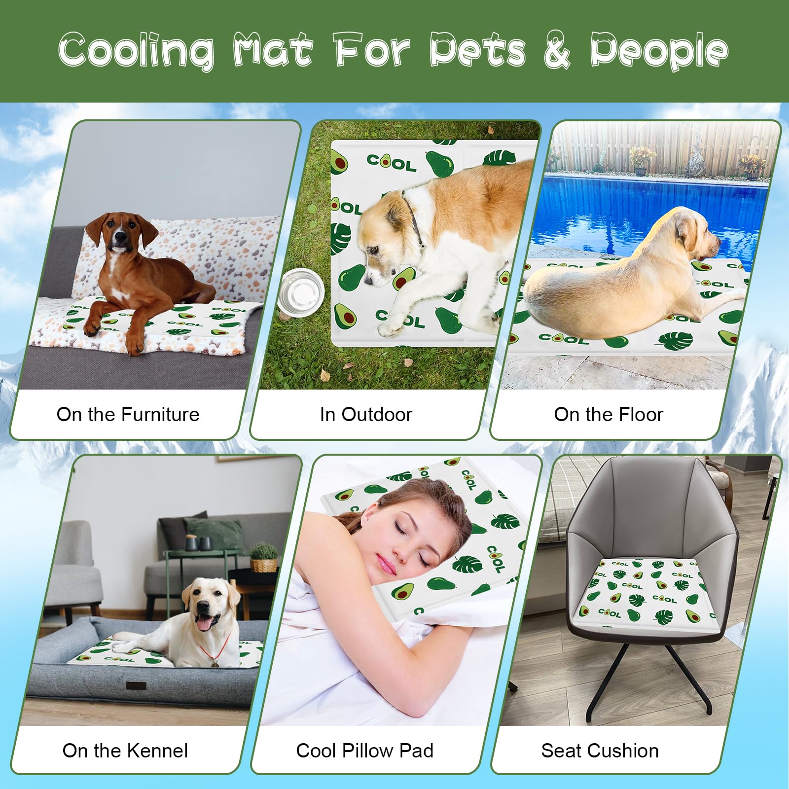 Ninonly Tappetino Rinfrescante per Cani Gatti 50X65 Tappetino Refrigerante per Animali Domestici Gel Non Tossico Impermeabile Antiscivolo Tappeto Refrigerante Cane per Cuccia Cani Gatti Avocado