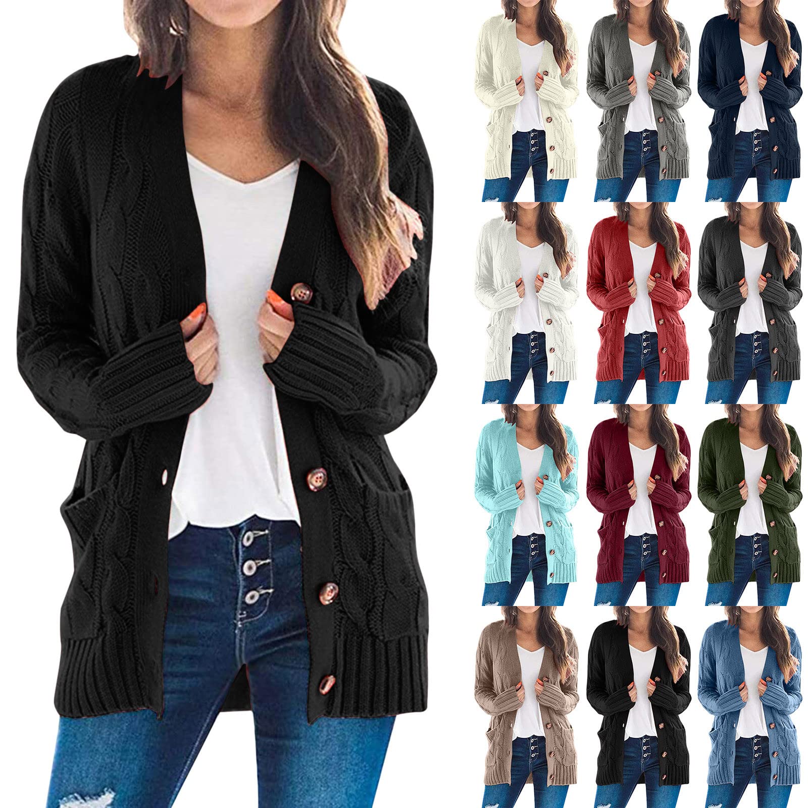 Chunky Cardigan Sweaters for Women with Pockets Button Open Front Cable Knit Cardigans Sweaters Winter Outerwear