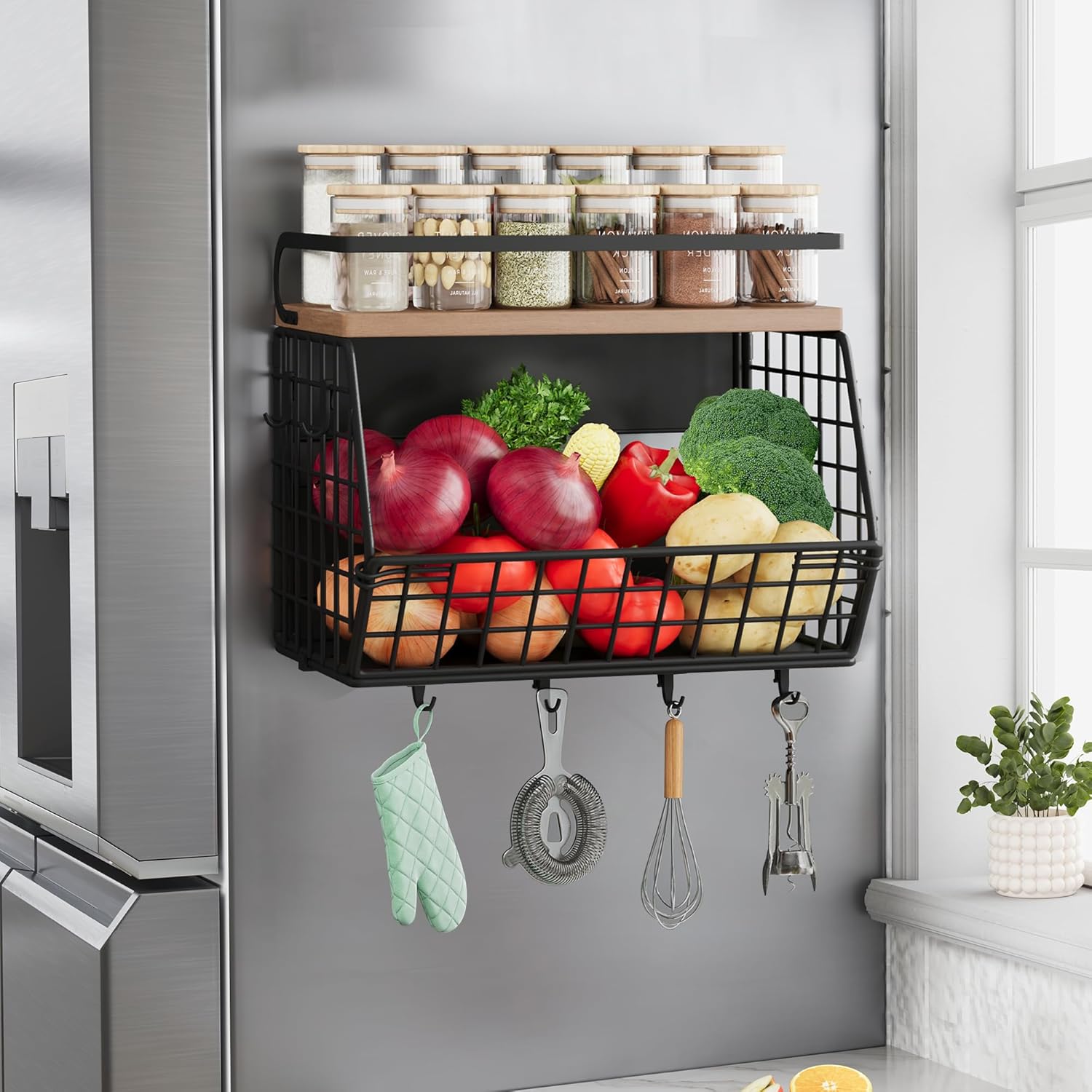 Clothink Magnetic Shelf for Fridge with Wood Lid,Magnetic Spice Rack for Refrigerator,Fruit Basket with 4 Hooks for Kitchen Organization and Storage Pantry Storage 1 Basket