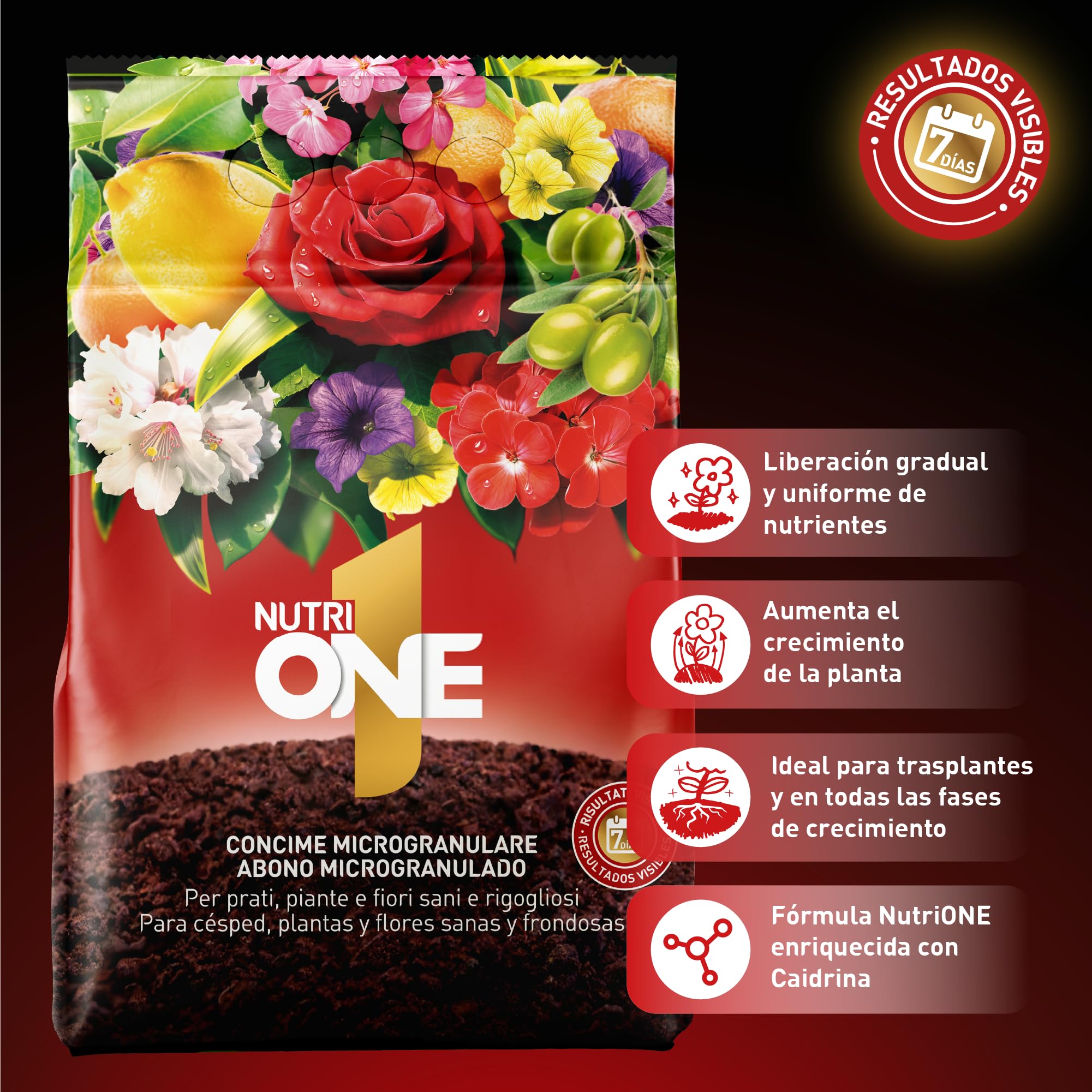nutriONE Abono granulado para todo tipo de Plantas y Flores. Fertilizante Concentrado microgranulado Premium. Ingredientes naturales y resultados visibles en 7 días.