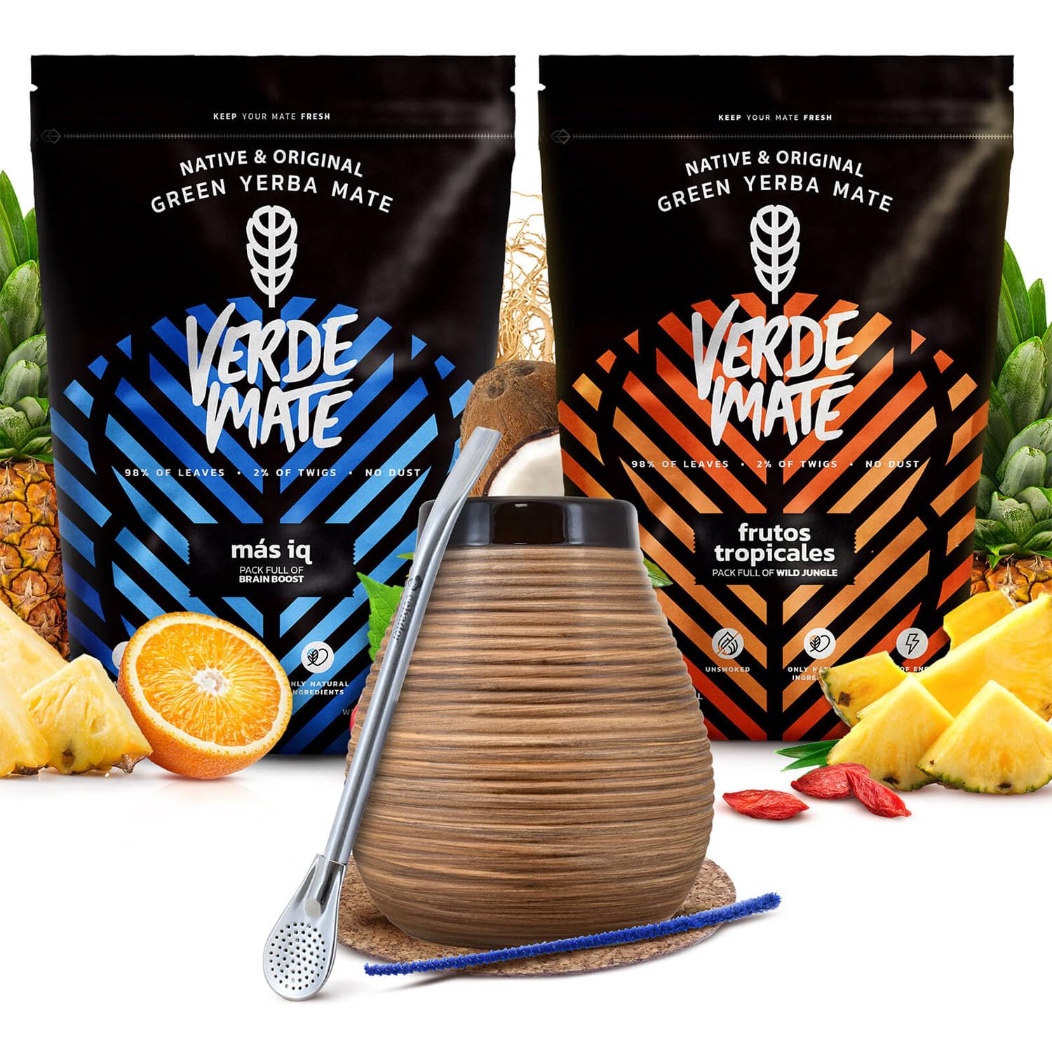 Set Verde Mate (2x500g) 1kg - Due confezioni di yerba mate brasiliana, Mas IQ e Frutos Tropicales, Calabash, bombilla e accessori