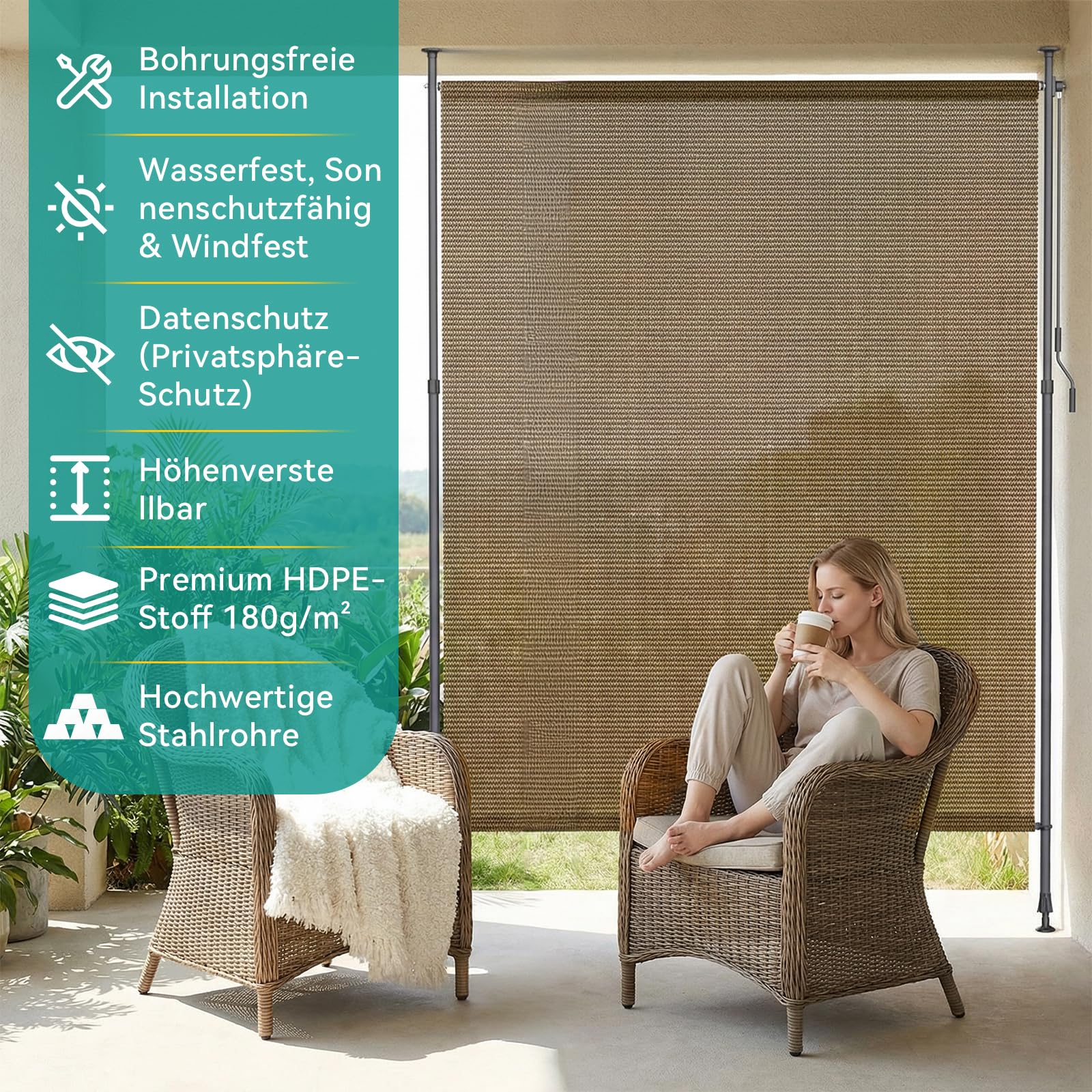 LIFERUN Tenda Verticale HDPE 200×310 cm Marrone, Tenda a Pinza Estensibile Senza Forare, Protezione Solare UV, Antivento, per Balcone Giardino Terrazza