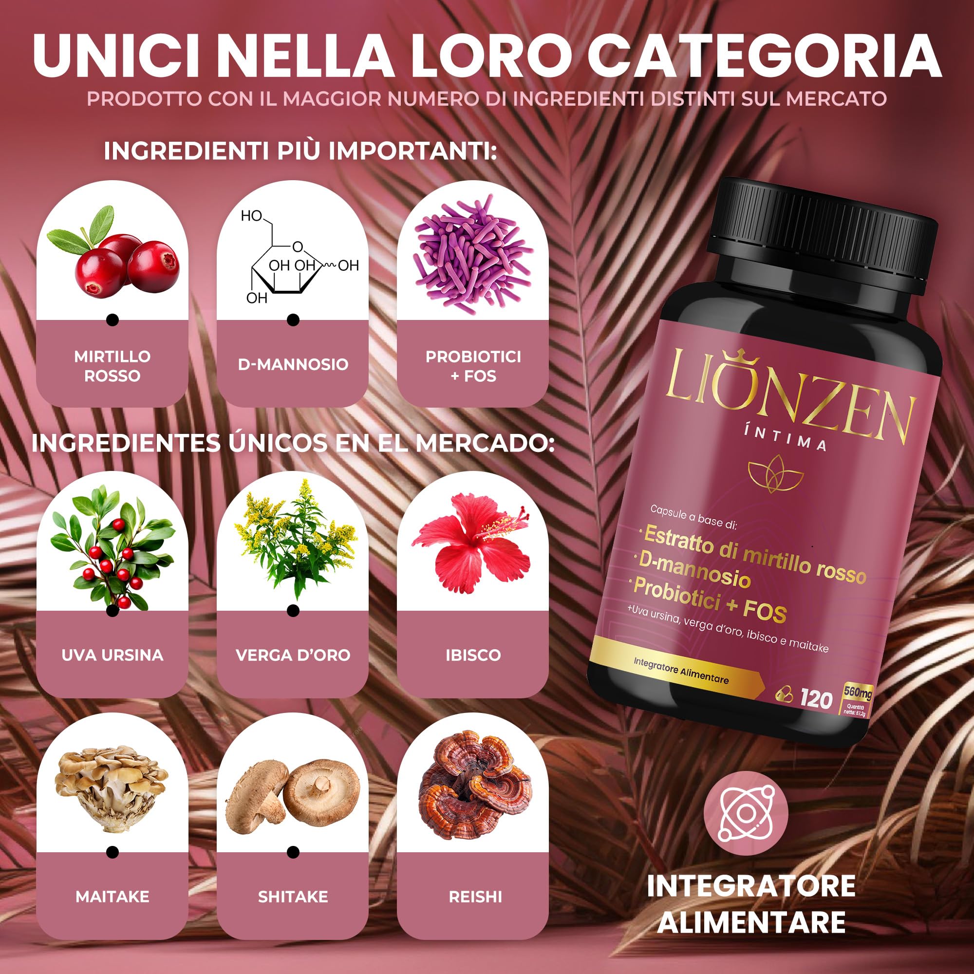 Probiotici Donna Flora Intima | Mirtillo Rosso, D-mannosio +12 Ingredienti naturali | +2000 milioni UFC | Benessere delle vie urinarie femminili | 120 capsule | Lionzen Intima