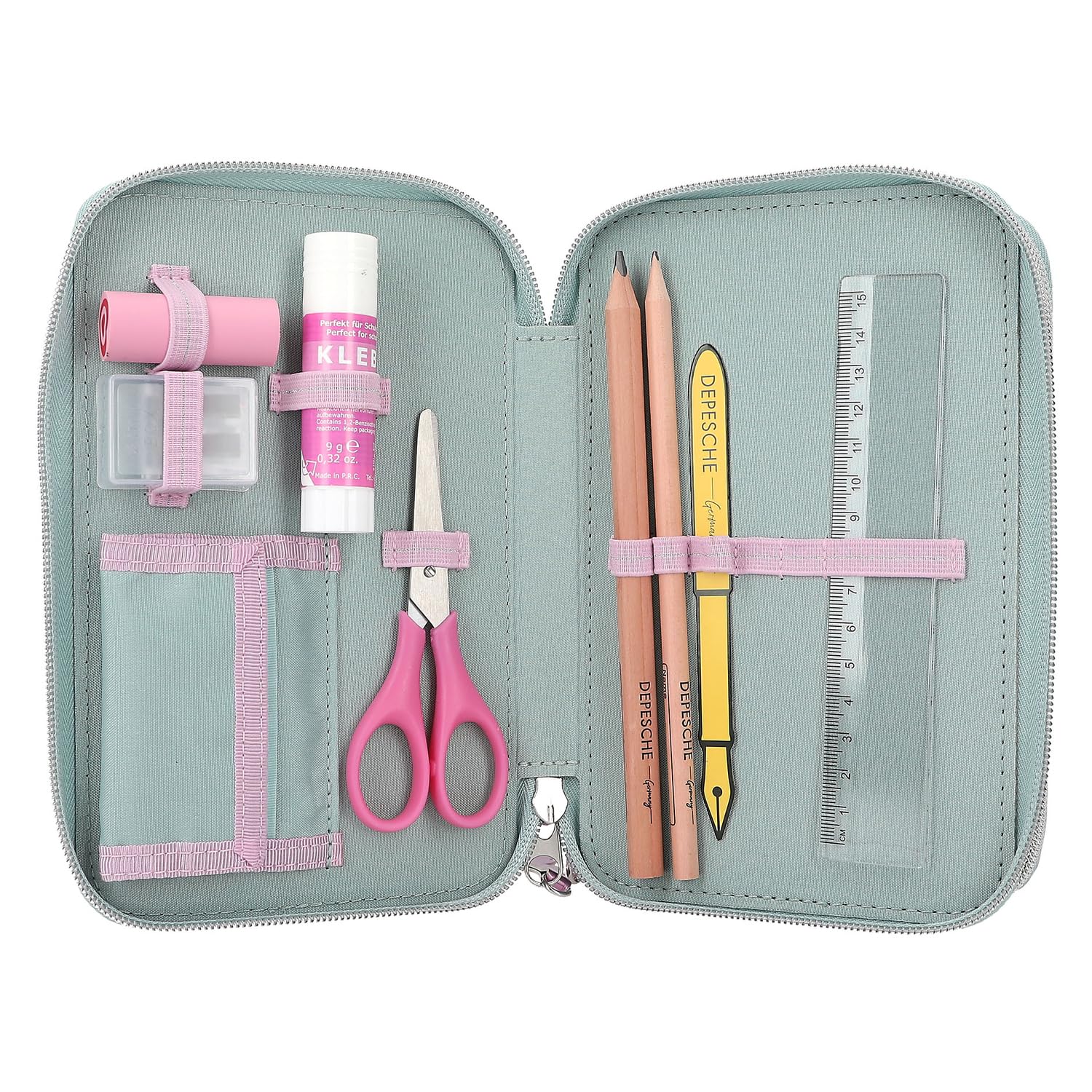 Depesche 12109 Miss Melody – Set Di 5 Penne Gel Glitterate In Astuccio Trasparente (Rosa, Viola, Blu, Argento, Oro)